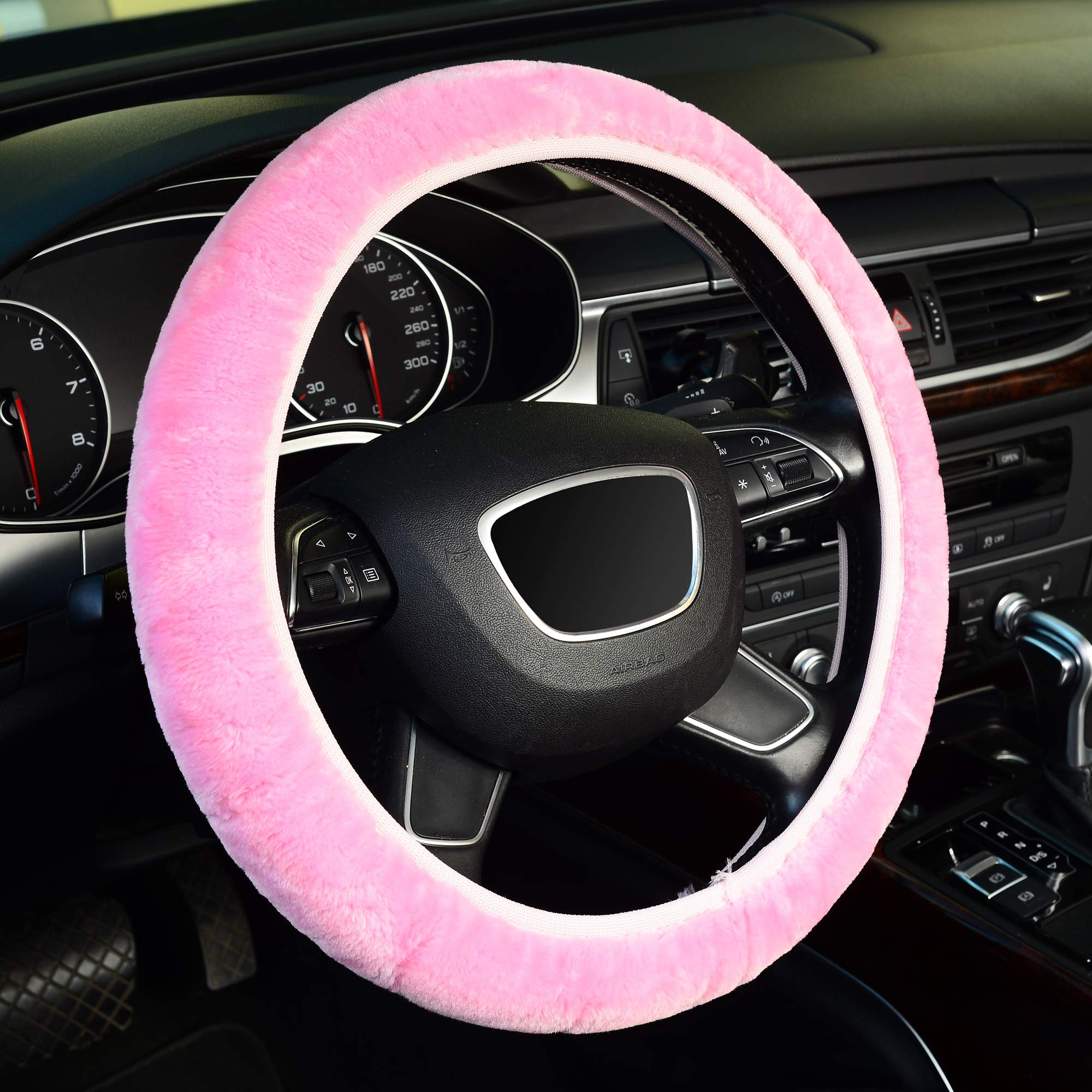 Kafeek Pink Elastic Fuzzy Steering Wheel Cover,Microfiber Plush Steering Wheel Cover For Woman Girl,Winter Warm, Universal 15 In