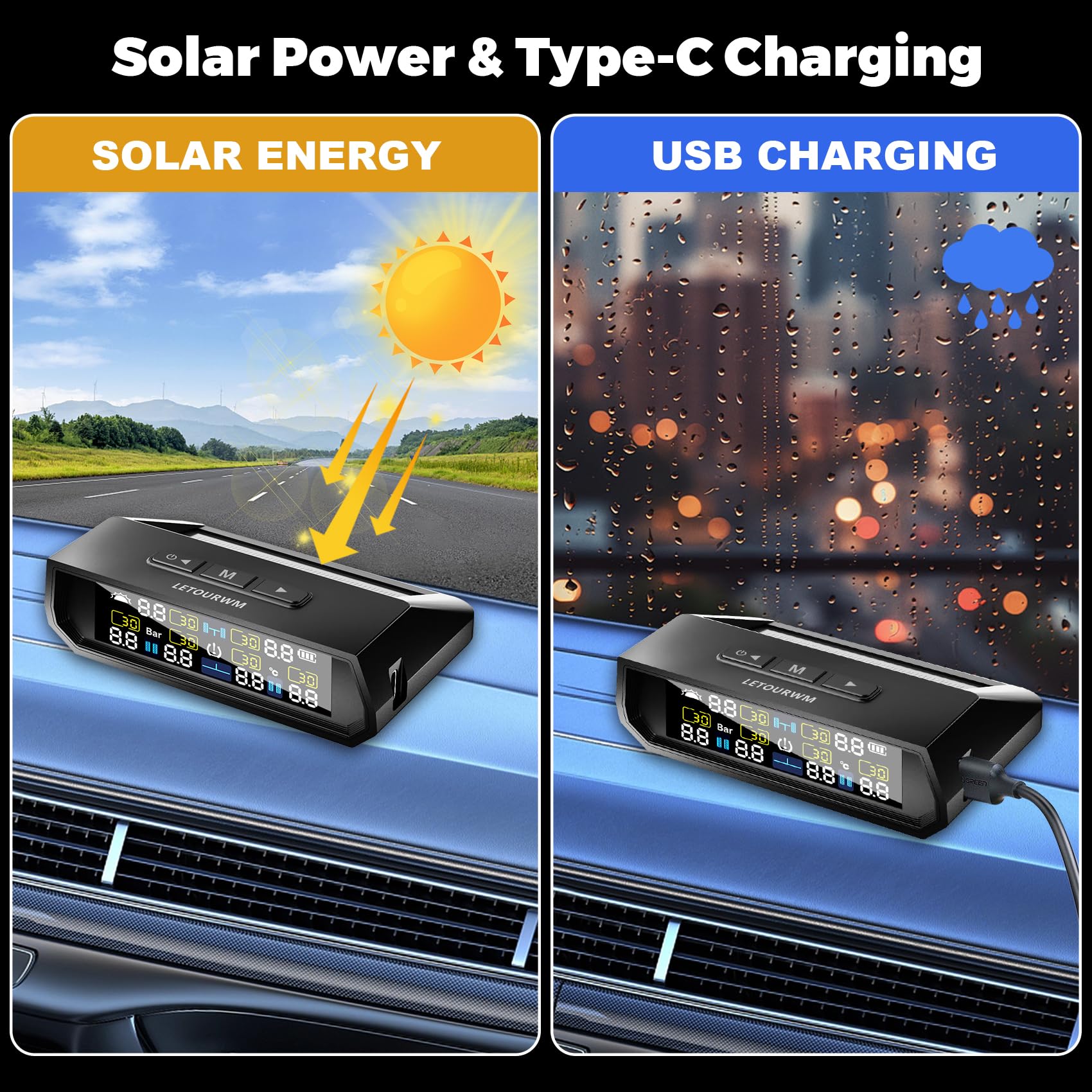 RV Tire Pressure Monitoring System -TPMS 2025 Upgrade Tire Pressure Monitor with 6 Sensors,Solar Charge & USB Type-C Color LCD D