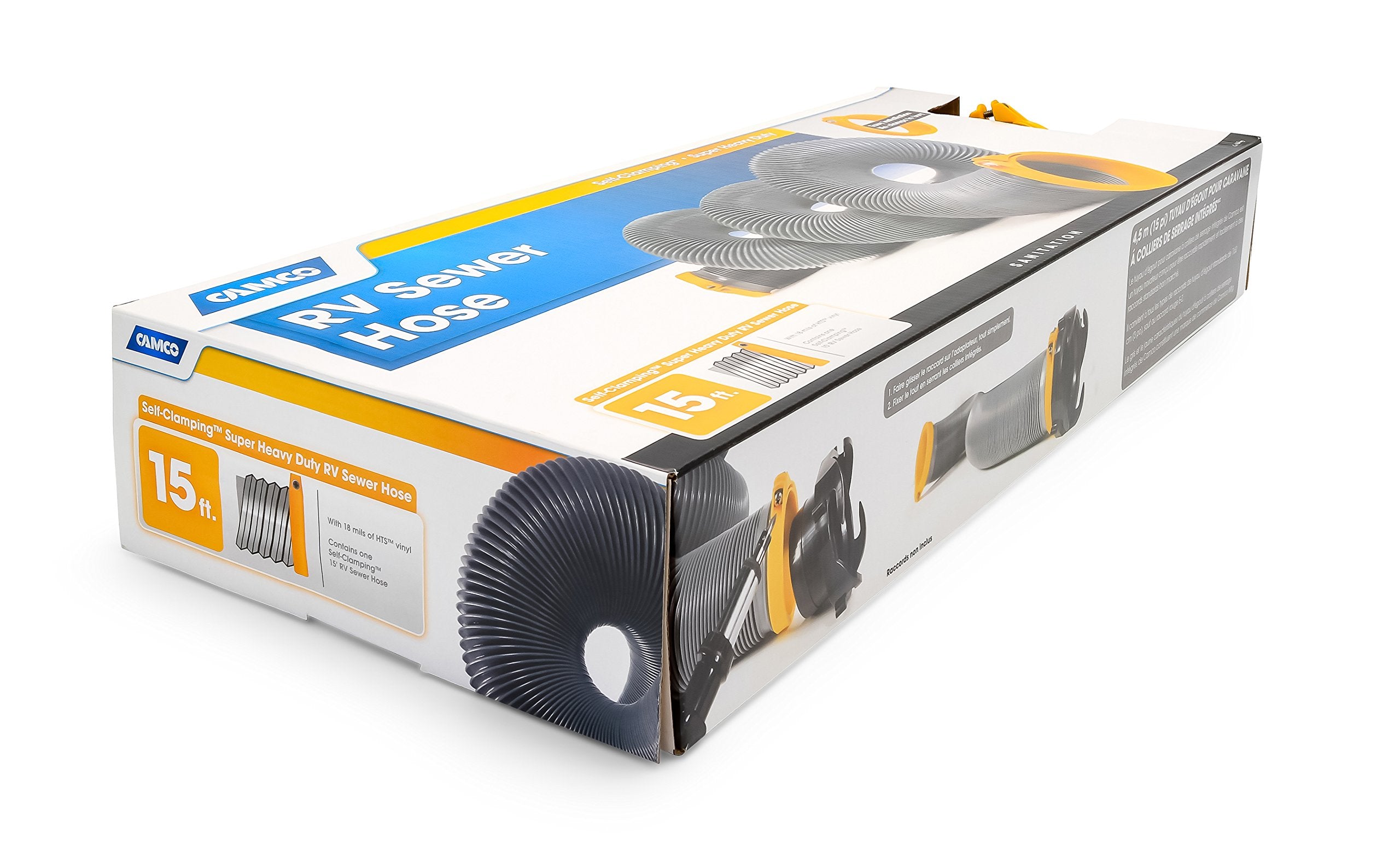 Camco Durable High Tensile Strength Vinyl Sewer Hose With Steel Wire Core And Self Clamping Fittings - 15 Hose, Great For Year R