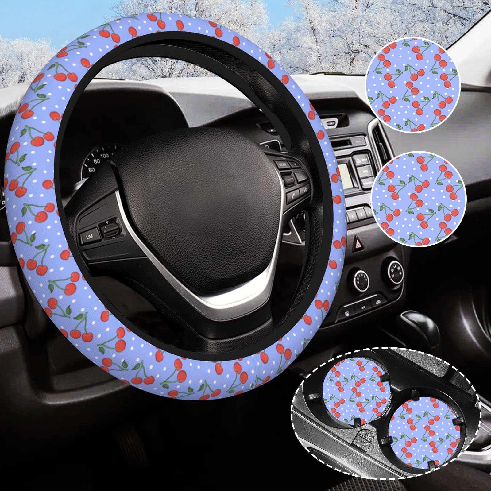 Purple Cherry Steering Wheel Cover for Women Men with 2 Pcs Car Coasters, Universal 14.5-15 Inch Rainbow Steering Wheel Covers N