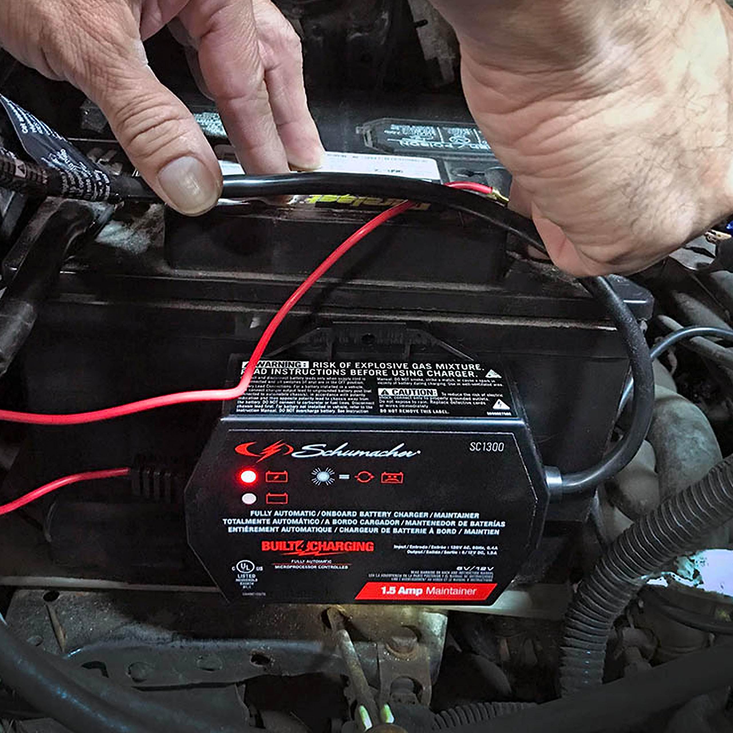 Schumacher Sc1300 Fully Automatic Direct-Mount Under-The-Hood Battery Charger/Maintainer With Battery Detection - 1.5 Amp, 6V/12