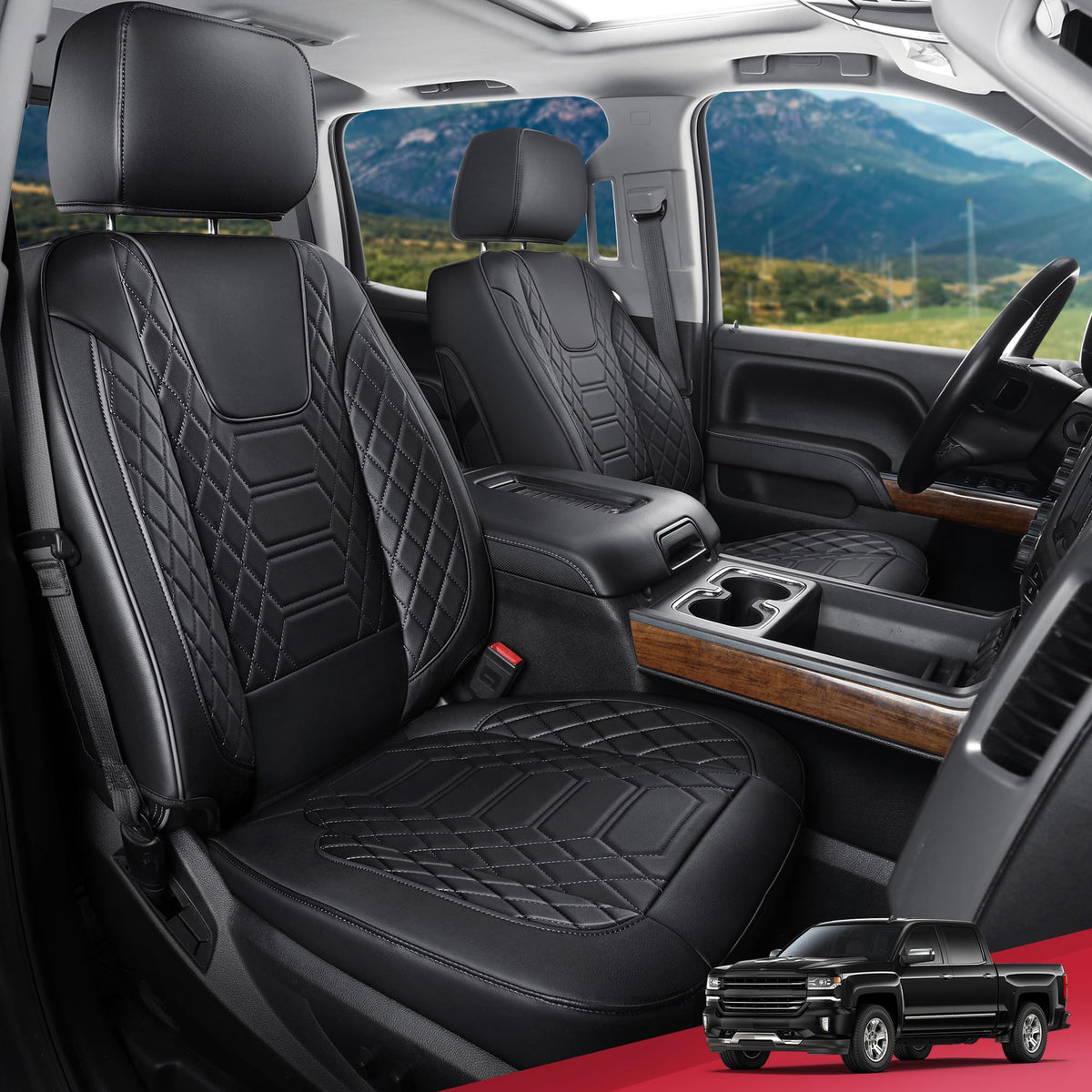 FREESOO Silverado Faux Leather Full Set Seat Covers, Fit for 2019-2024 Silverado GMC Sierra 1500 Crew Cab Waterproof Truck Seat 