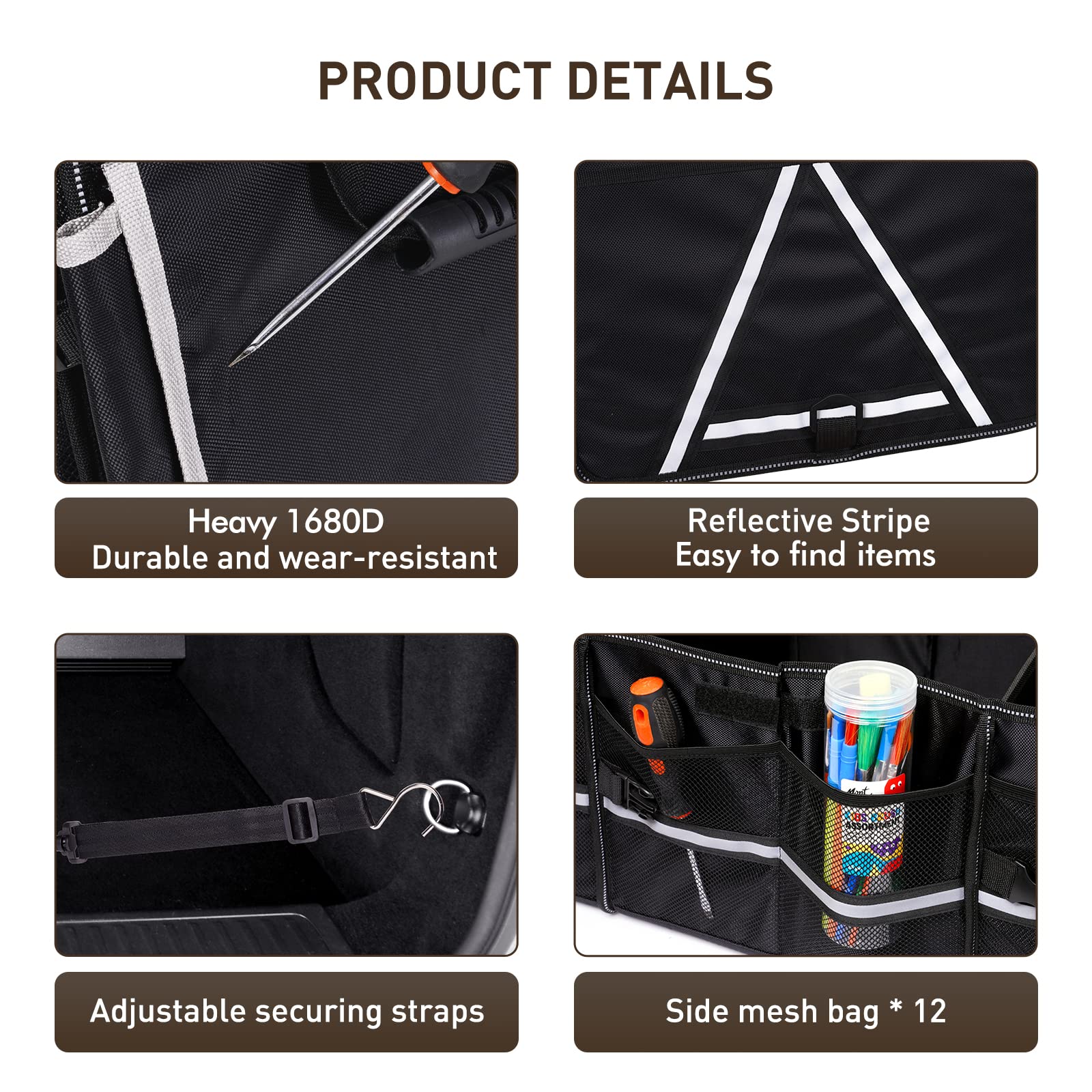 Hiraliy 4 In 1 Car Trunk Storage Organizer, Multi Compartment Collapsible Trunk Storage Box With Leakproof Insulated Bag For Car Truck Suv