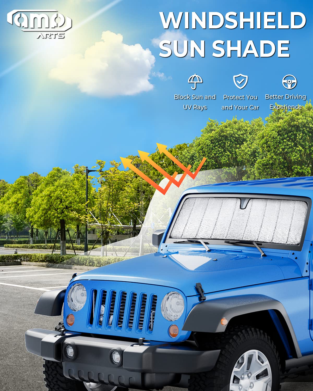 Qmparts Upgraded Windshield Sunshade Compatible With Wrangler Jk Tj, Foldable Sun Visor Windshield Sun Shade Blocks Uv Rays, Window Sun Shade Shield Protector Compatible With Wrangler 1997-2018