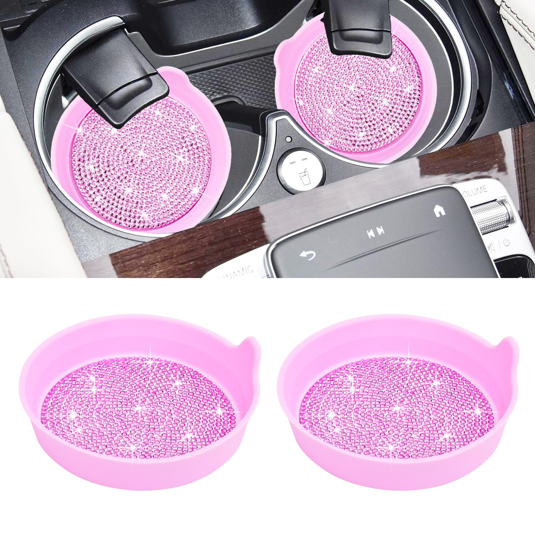 Amooca Car Cup Coaster Universal Non-Slip Cup Holders Bling Crystal Rhinestone Car Interior Accessories 2 Pack Pink Whole Rhines