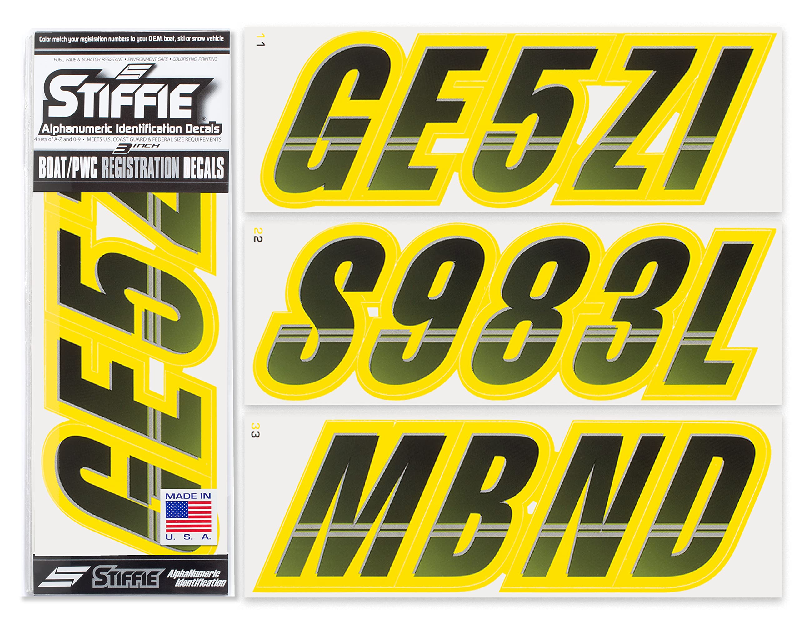 Stiffie Techtron Black/Electric Yellow 3 '' Boat & Pwc Registration Decals  Numbers Letters Stickers