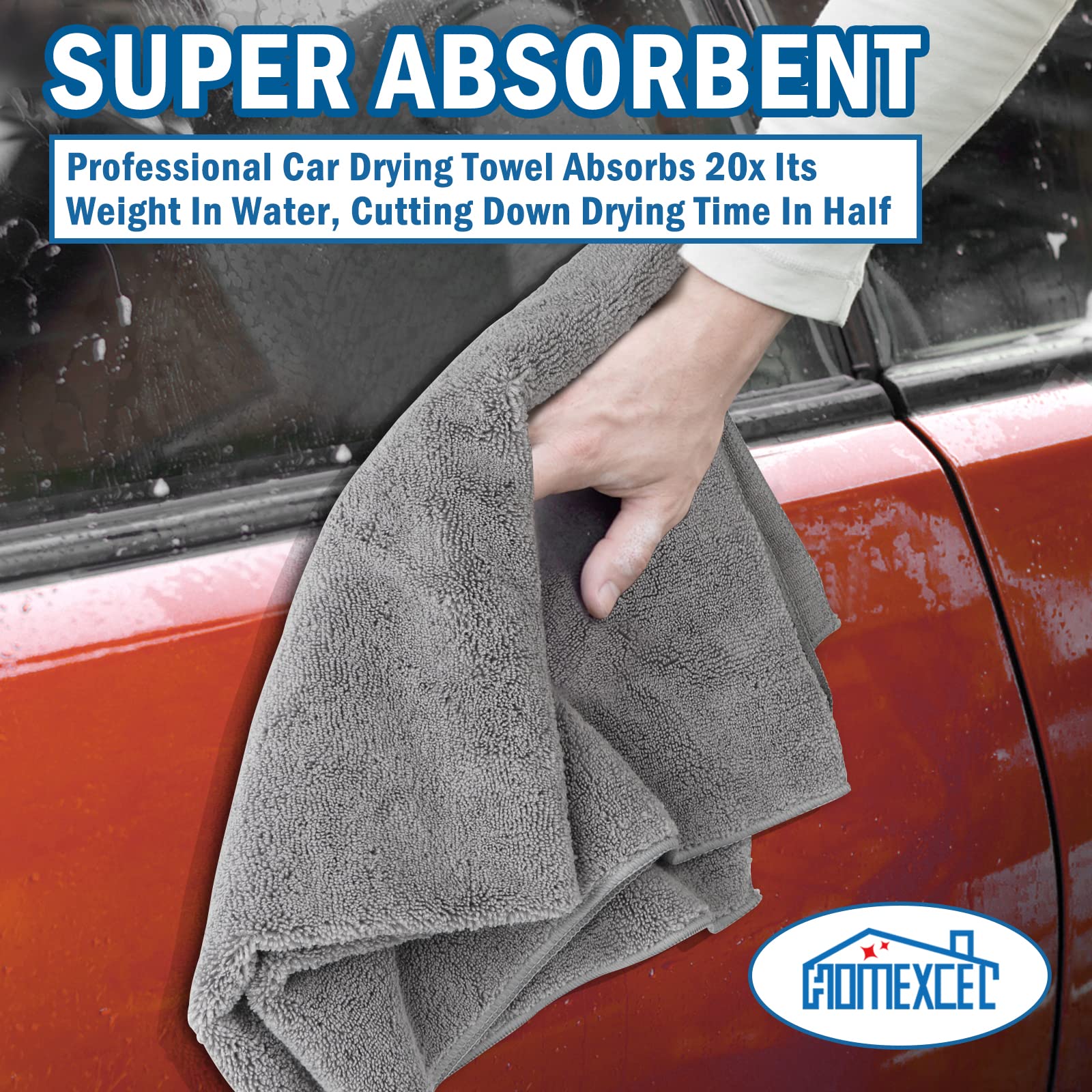 Homexcel Professional Large Microfiber Car Drying Towels 2 Pack, Lint Free, Scratch Free, Highly Absorbent Drying Towel For Cars