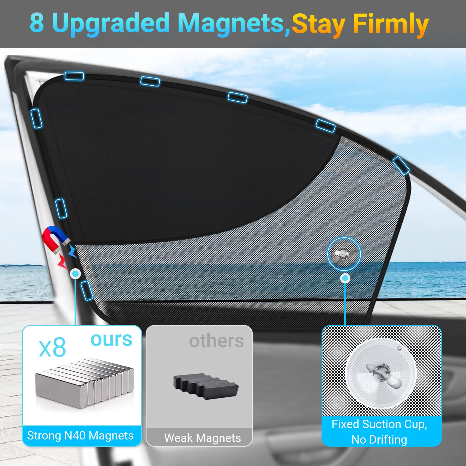 Diza100 Front Window Sun Shade, 2 Pack Half Blackout & Half See-Through Magnetic Car Side Window Sunshades With Fixed Suction Cu