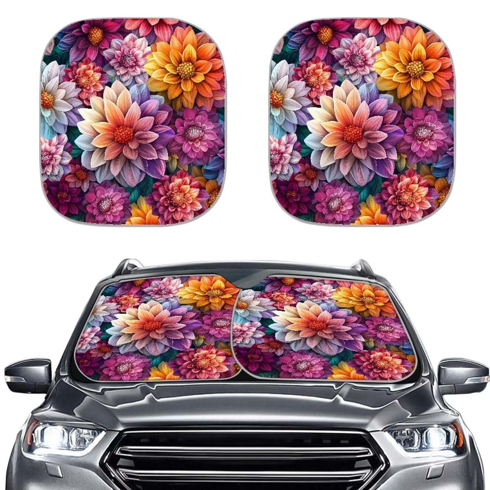 Renewold Gift For Women Men Foldable Sun Shade Boho Flower Dahlia Sunshade For Car Windshield Car Window Covers Uv Rays Heat Sun