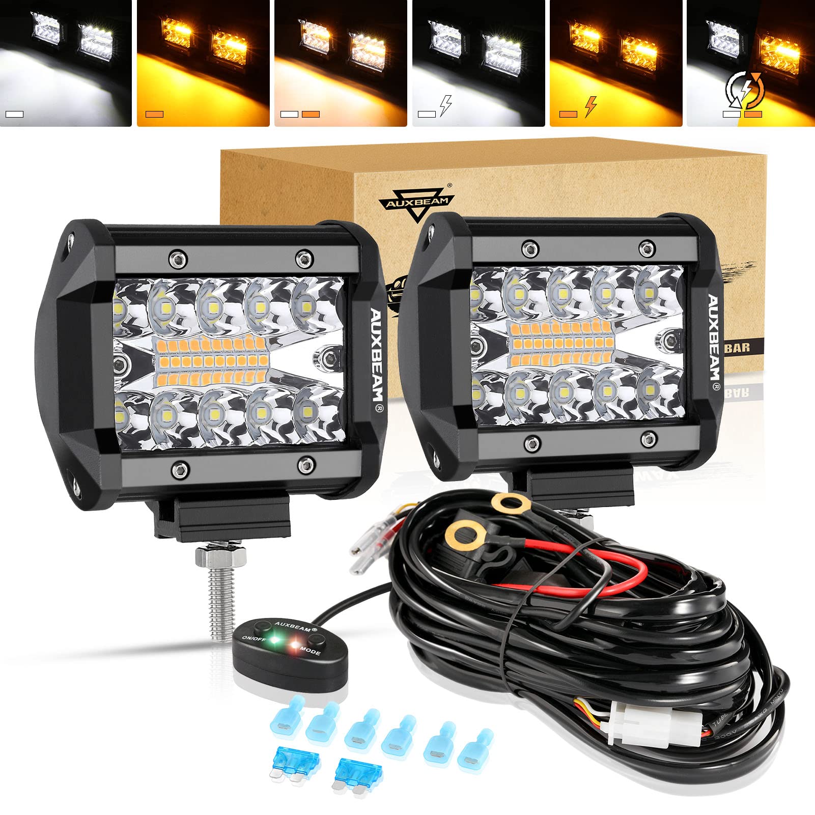 Auxbeam 4 Inch Led Pods 120W Spot Led Pod Light Bar 12000Lm Led Driving Fog Light Triple Row Amber White Off Road Lights With 10