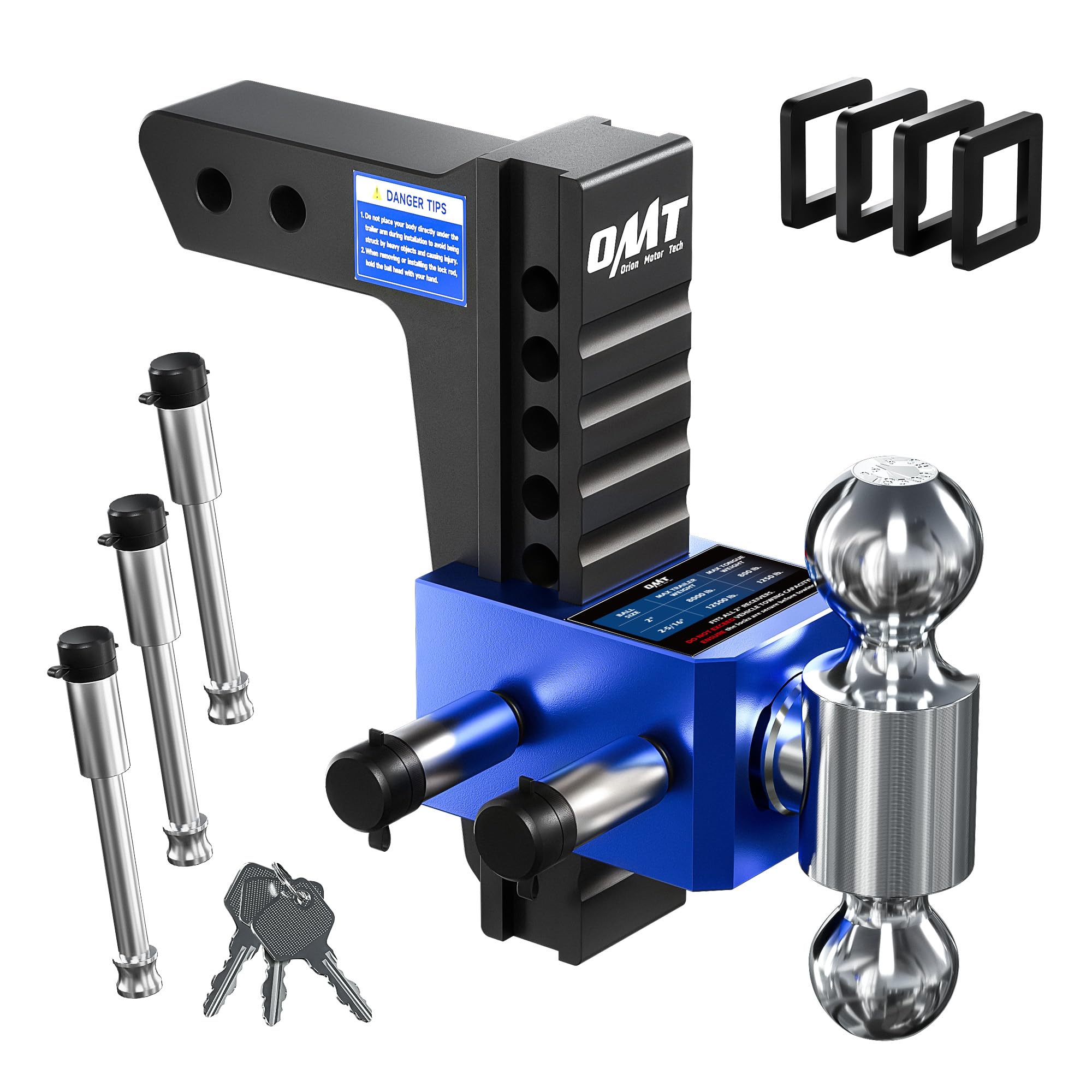 Orion Motor Tech Adjustable Trailer Hitch, Heavy Duty Drop Hitch 2 inch Receiver, 8 Drop & Rise Hitch with 2 & 2-5/16 Balls, 360