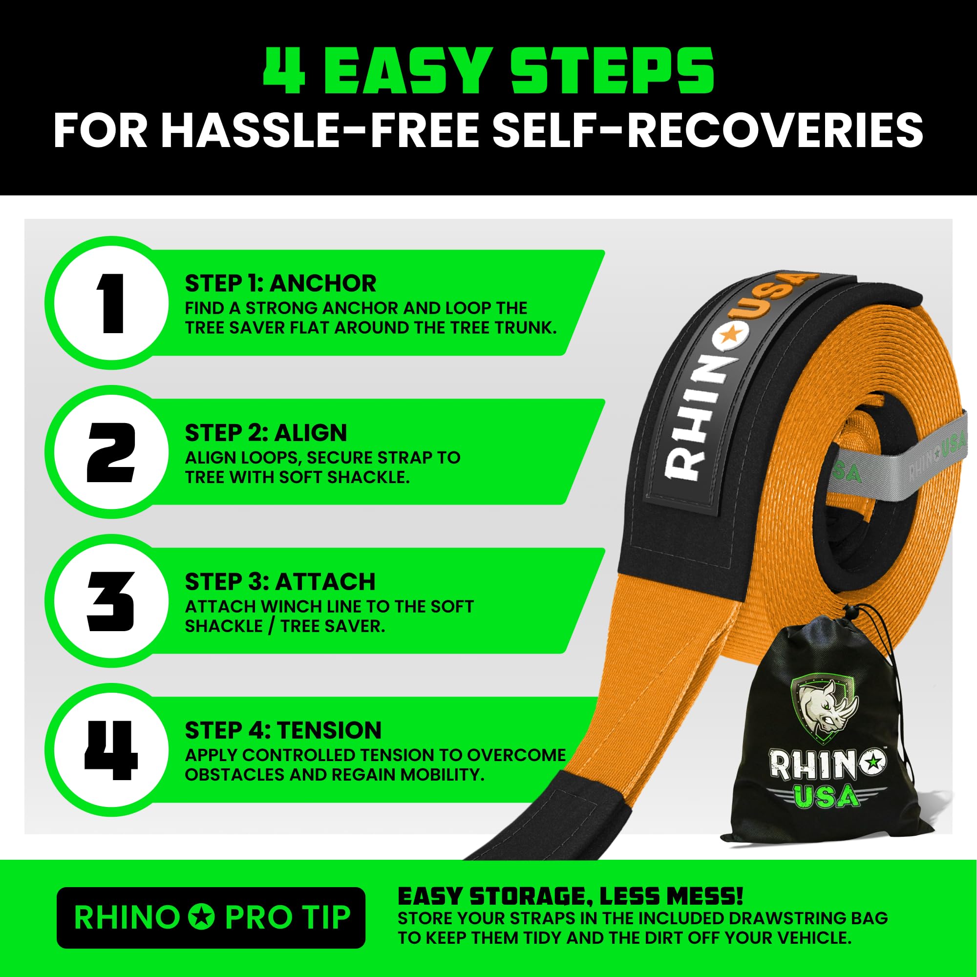 Rhino Usa Tree Saver Tow Strap (4''X10') - 40,320Lb Break Strength - Emergency Recovery Strap Winch Extension For Truck, Utv, At