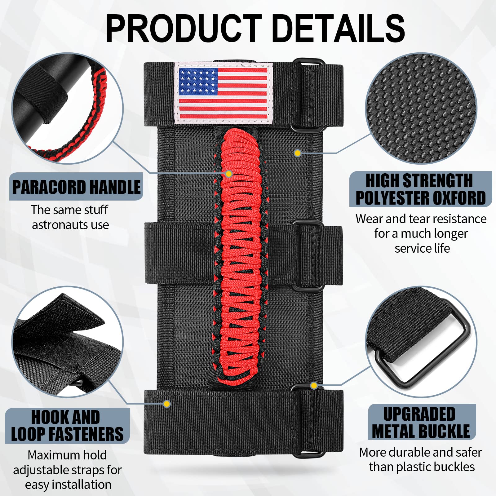 Moveland 4 Pack Roll Bar Grab Handles, Paracord Grip Handles For 1955-2023 Jeep Wrangler Jl, Jk, Tj, Yj & Jeep Gladiator Accessories - Upgrade Metal Buckle, Strong & Durable (Red)