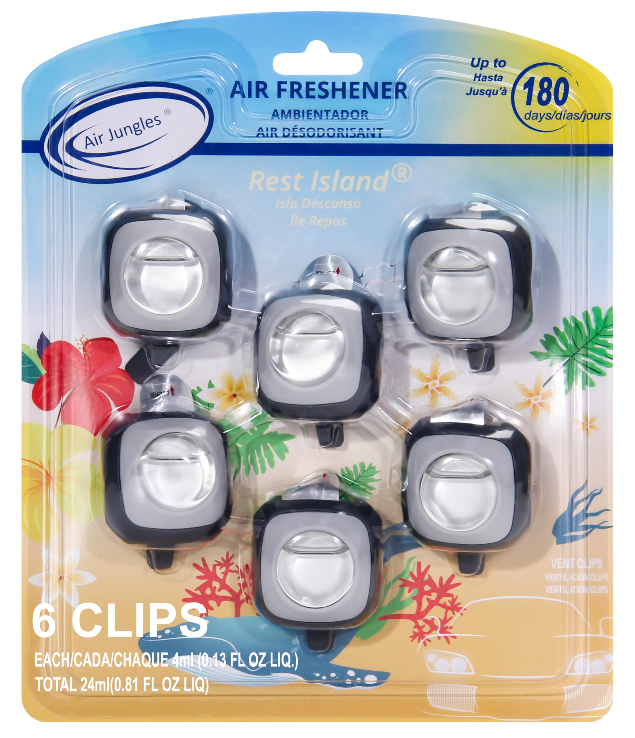 Air Jungles Rest Island Scent Car Air Freshener Clip, 6 Vent Clips, 4Ml Each, Long Lasting Air Freshener, Up To 180 Days Car Ref