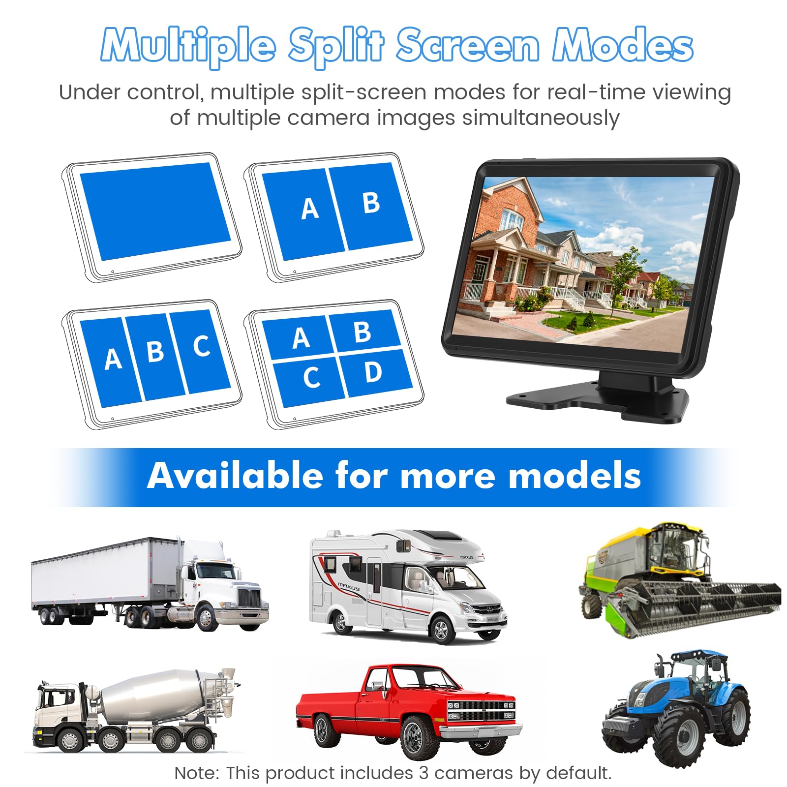 Losuudy Wired Backup Camera System With 10.1'' Touch Monitor, 3 Hd 1080P Rear View& Side View Cameras, 4 Split Screen, Night Vis