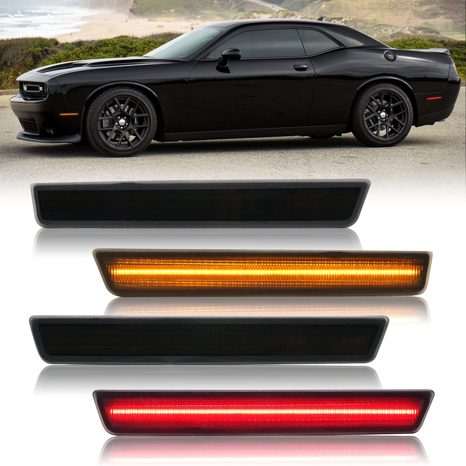 R&F Auto 4Pcs Led Amber Red Side Marker Lights For Challenger 2015-2023, Smoked Lens, Replace Oem#: 68195788Ab, 68195797Ab