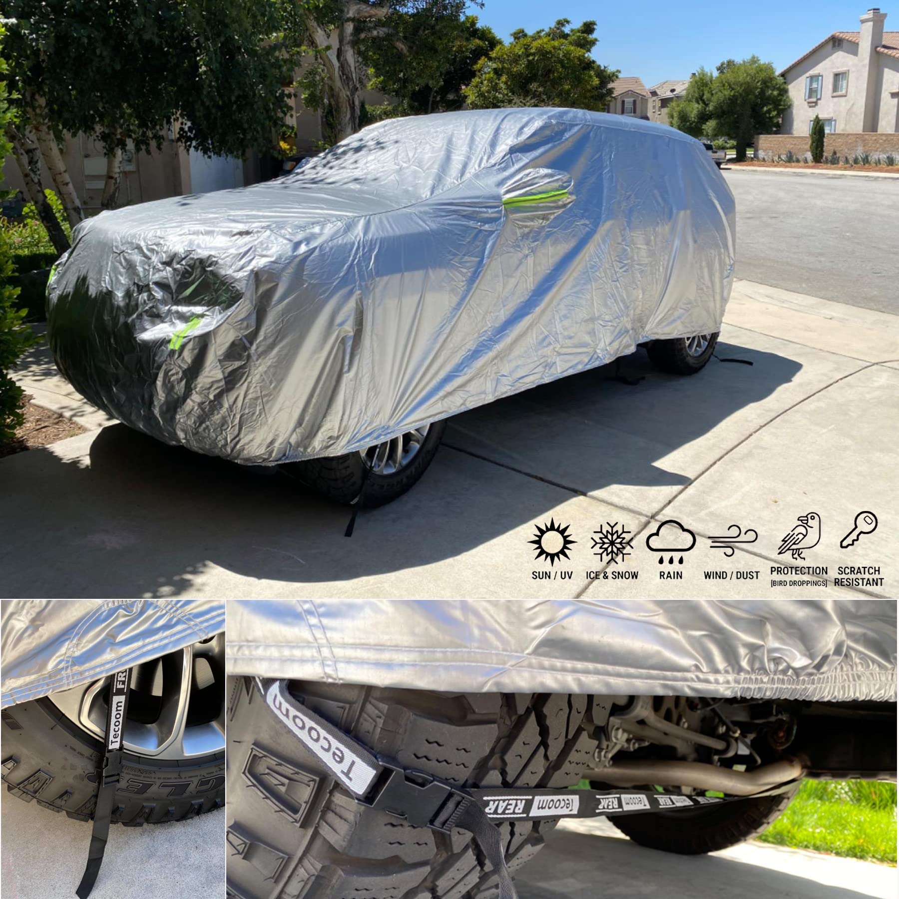 Tecoom Super Heavy Duty Multiple Layers Suv Car Cover All Weather Waterproof Windproof Reflective Snow Sun Rain Uv Protective Outdoor With Buckles And Belt Fit 191-205 Inches Suv