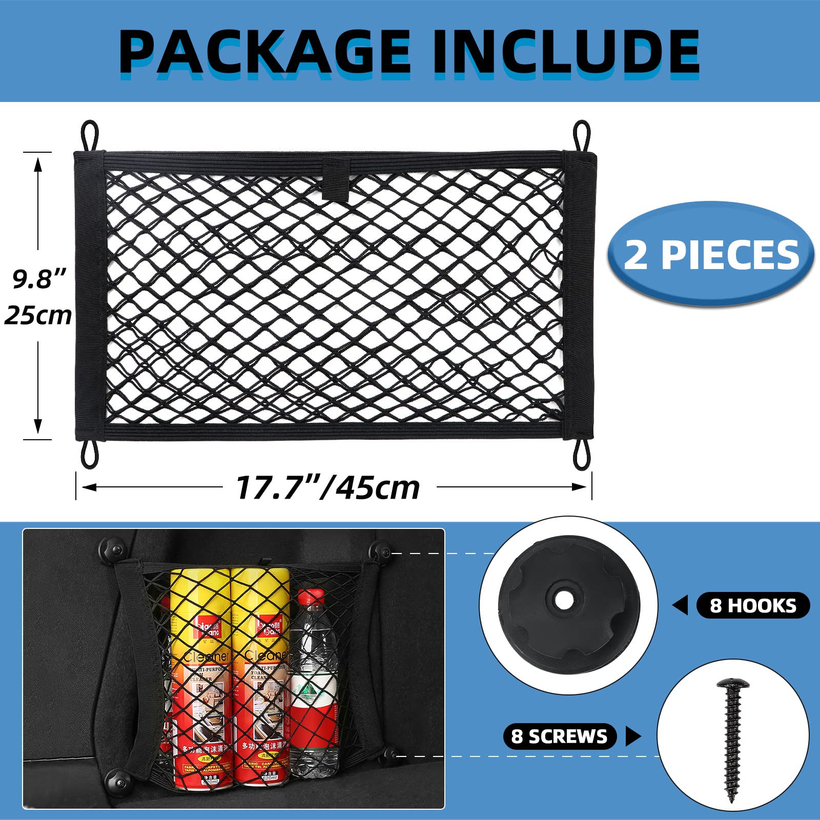 Universal Mesh Cargo Net For Car Trunk Storage,2 Pack Elastic Small Cargo Net Pocket Organizer Pouch Bag,Stretchable Automotive