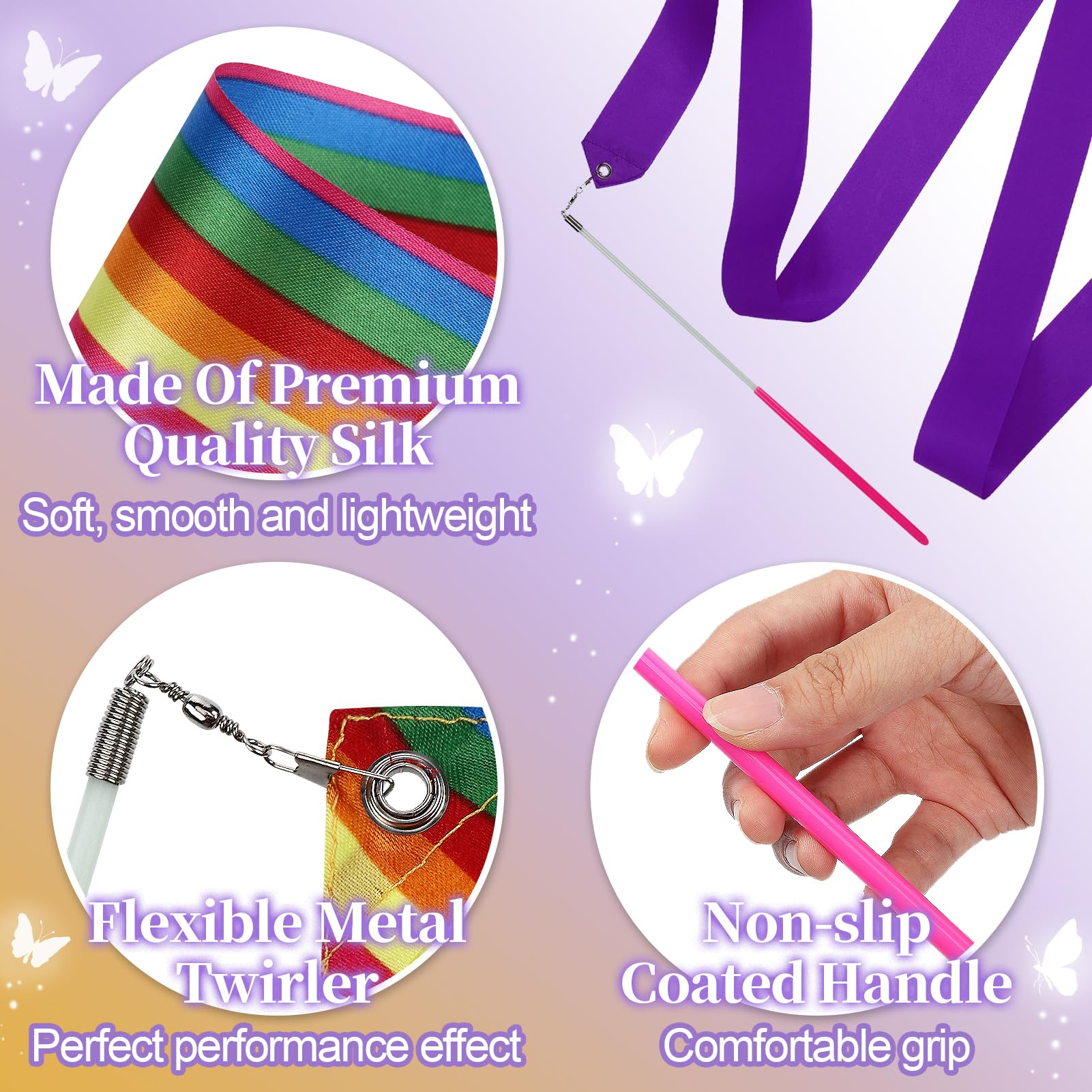 PAMASE Dance Ribbons - 16 Packs Rhythmic Gymnastics Wand Streamers, 6.6ft, Non-Slip Handles, Colorful Twirler Flags for Girls Gift