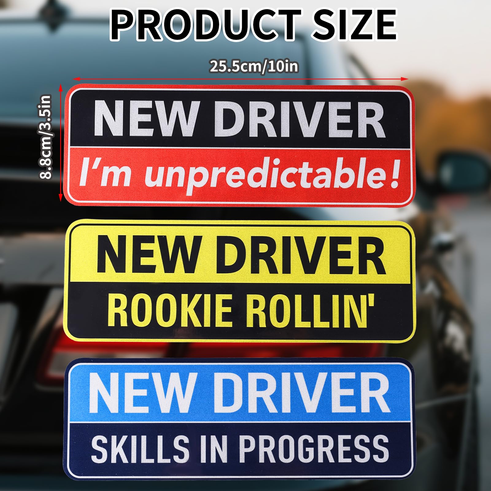 3 Pcs New Driver Magnetic Car Stickers, 10x3.5in Reflective Magnetic Bumper Sticker Set Removable Novice Driver Safety Attention