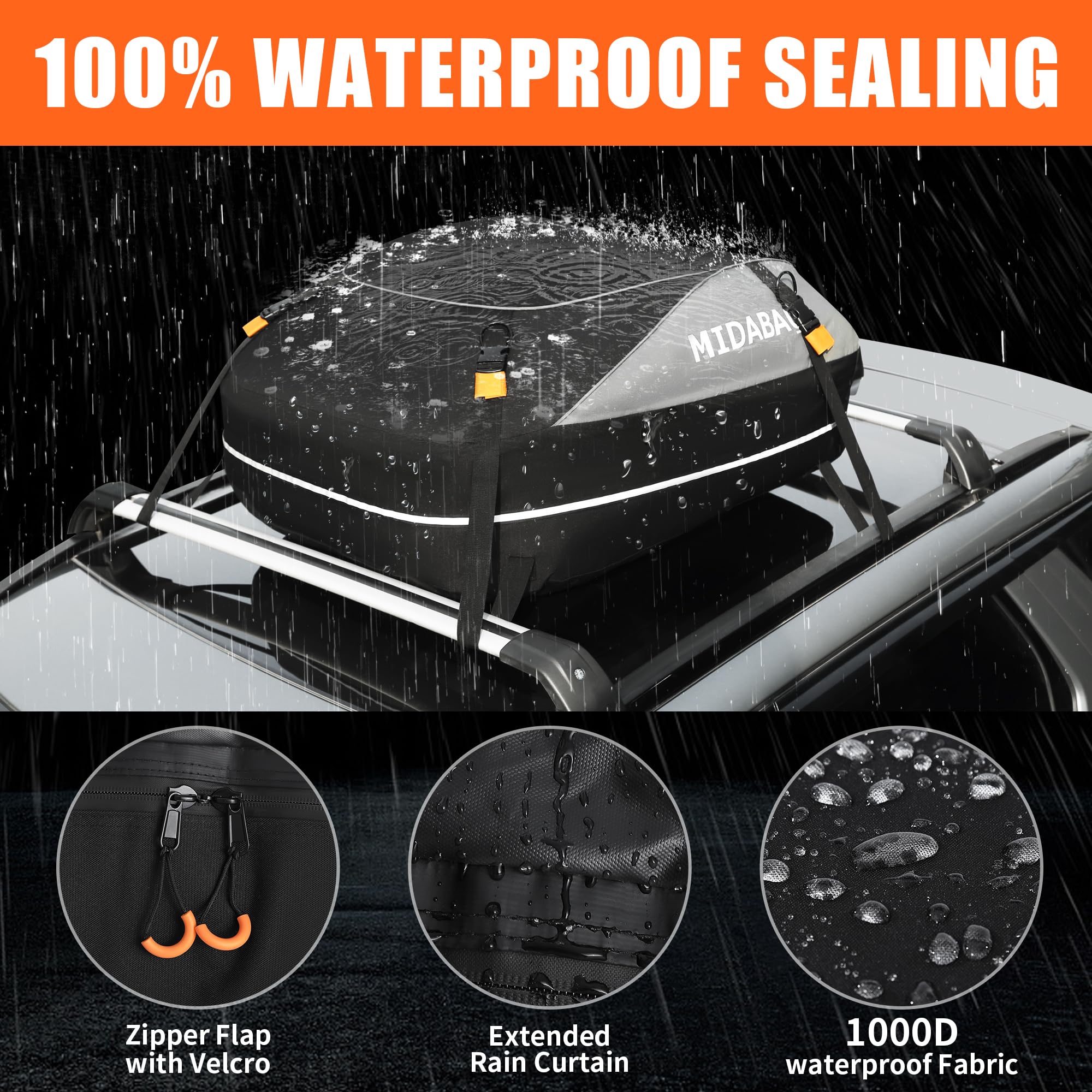 Midabao 15 Cubic Waterproof Duty Car Top Carrier - Zippers Coated, Includes Anti-Slip Mat - For Vehicles With Or Without Racks