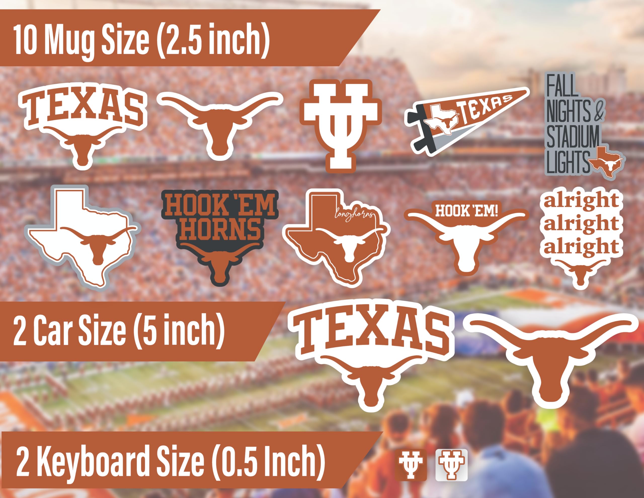 University Of Texas Stickers (14 Stickers) 2 Large 5'' For Car Windows, 10 Medium 2'' For Water Bottles Phones, 2 Mini Keyboard