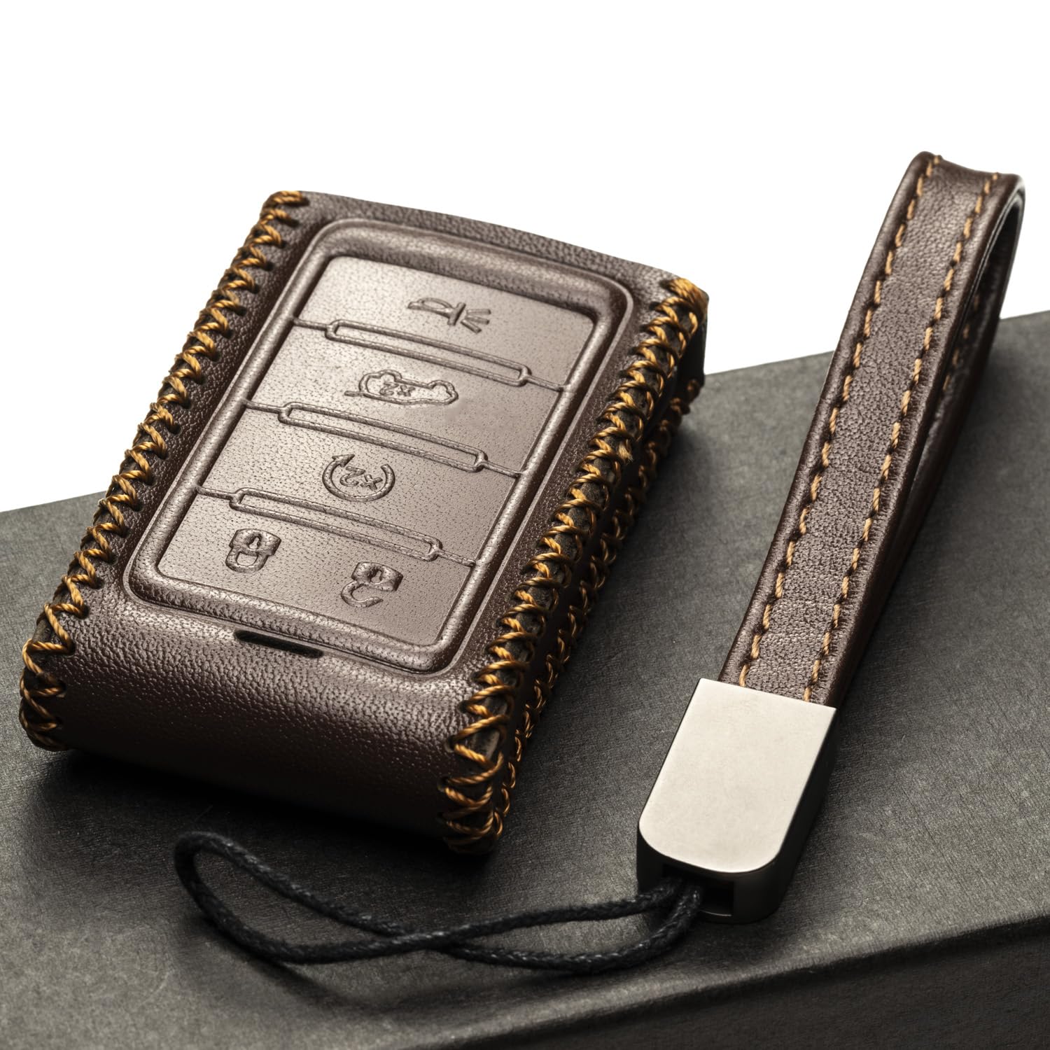 Vitodeco Genuine Leather Smart Key Fob Case Compatible With Jeep Wagoneer, Jeep Grand Cherokee 2022-2025 (New 5-Button, Brown)