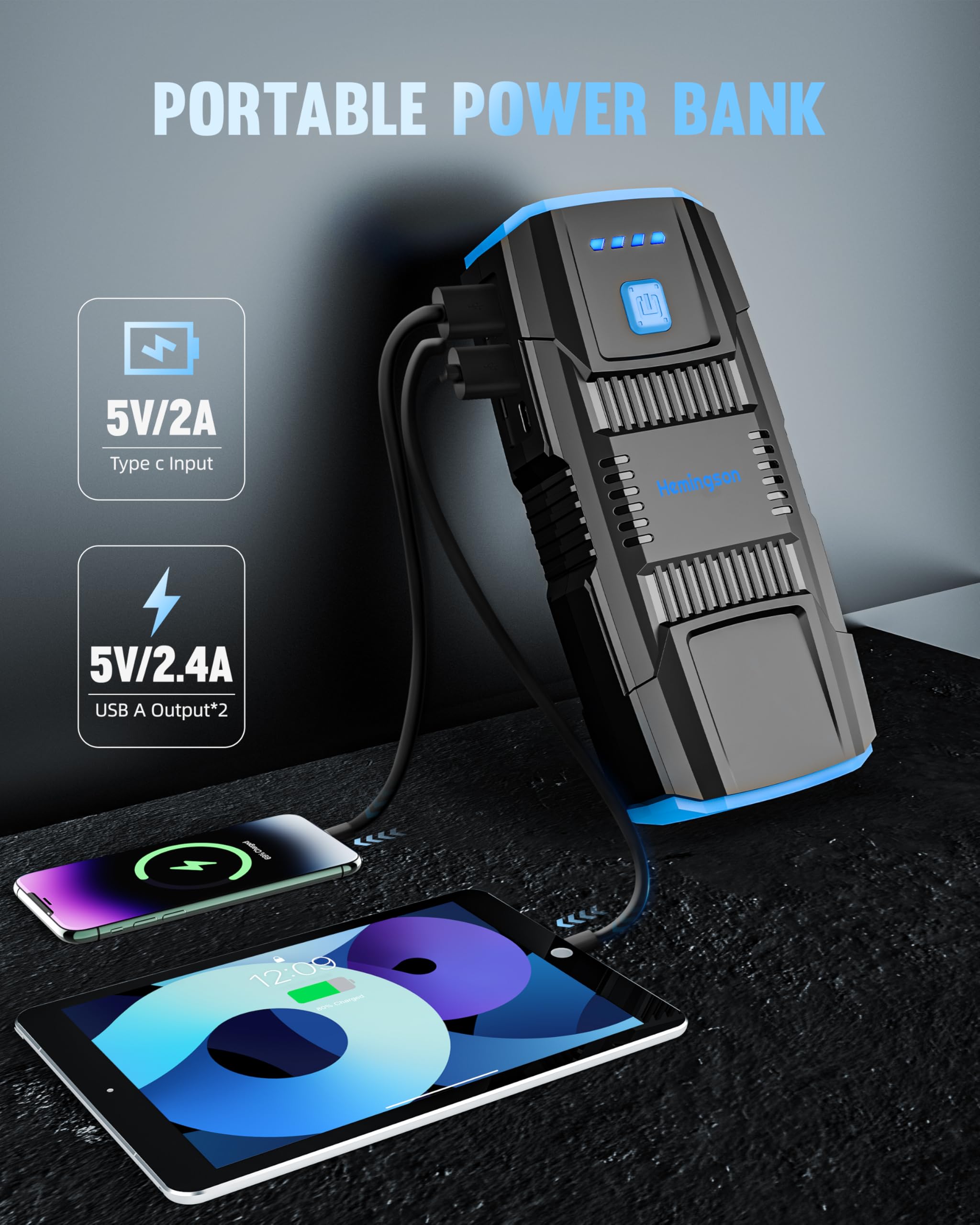 Car Jump Starter, HEMINGSON 2000A Peak Battery Jump Starter Portable 12V Jump Box for Vehicles 7.0L Gas and 5.5L Diesel Engines