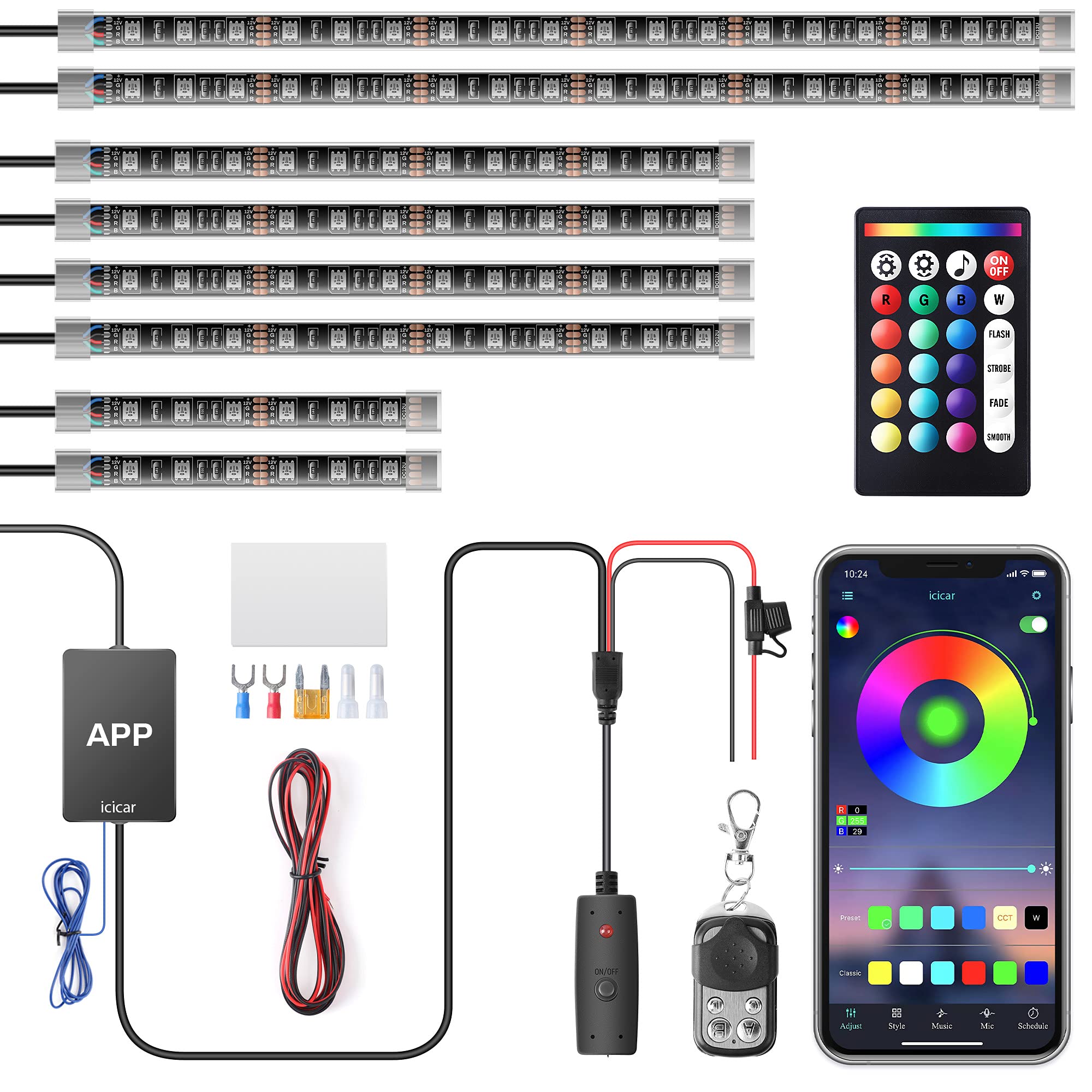 8Pcs Motorcycle Led Underglow Kit, Icicar Motorcycle Lights App Control Music Sync Rgb Led Motorcycle Lights Brake Light Waterproof Dual Remote Motorcycle Underglow Led Light Kit For Utv Atv Golf Cart