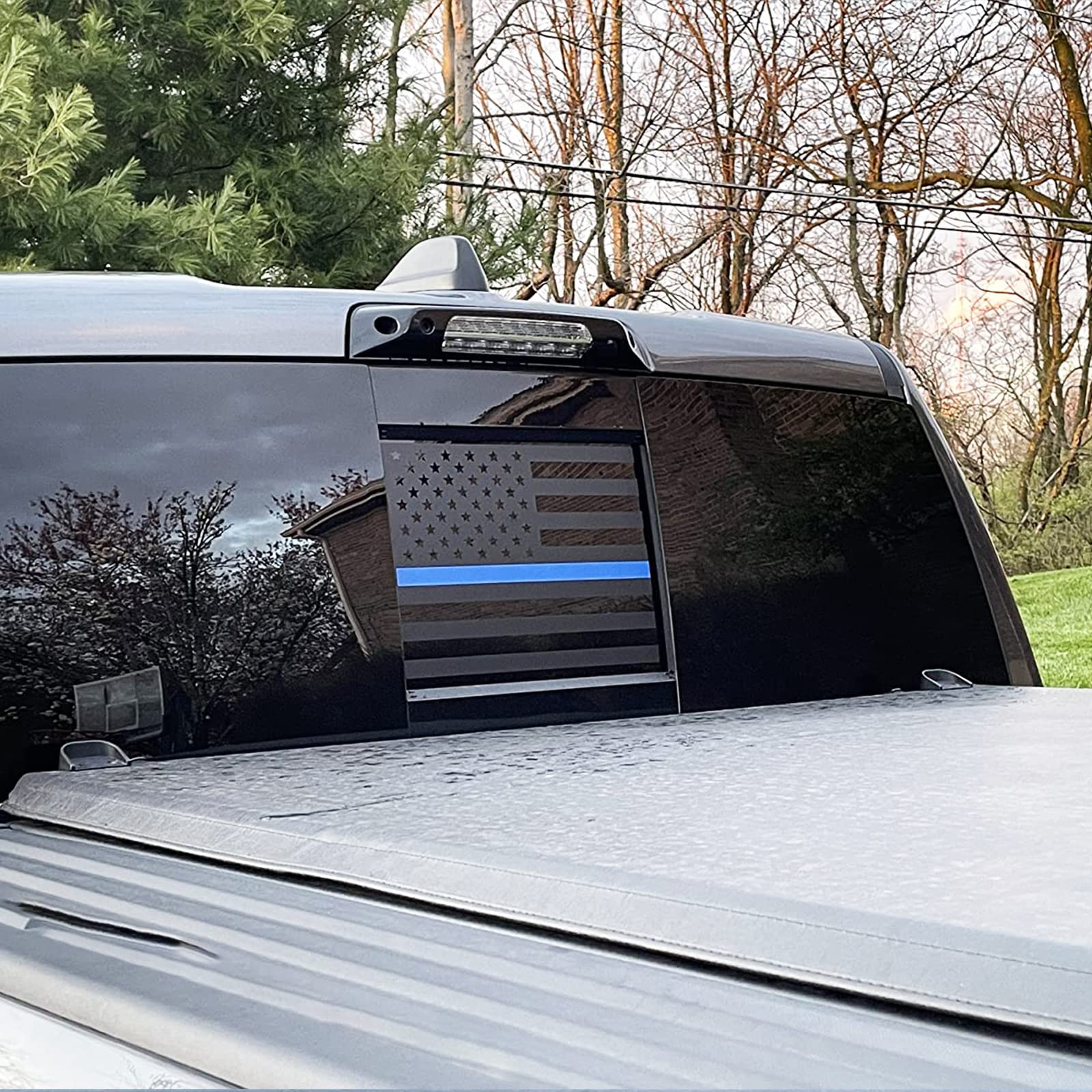 Xinghe For 2019-2025 Chevy Silverado Gmc Sierra, Rear Middle Window Blue Line American Flag Decals Stickers, Matte Black Patriot