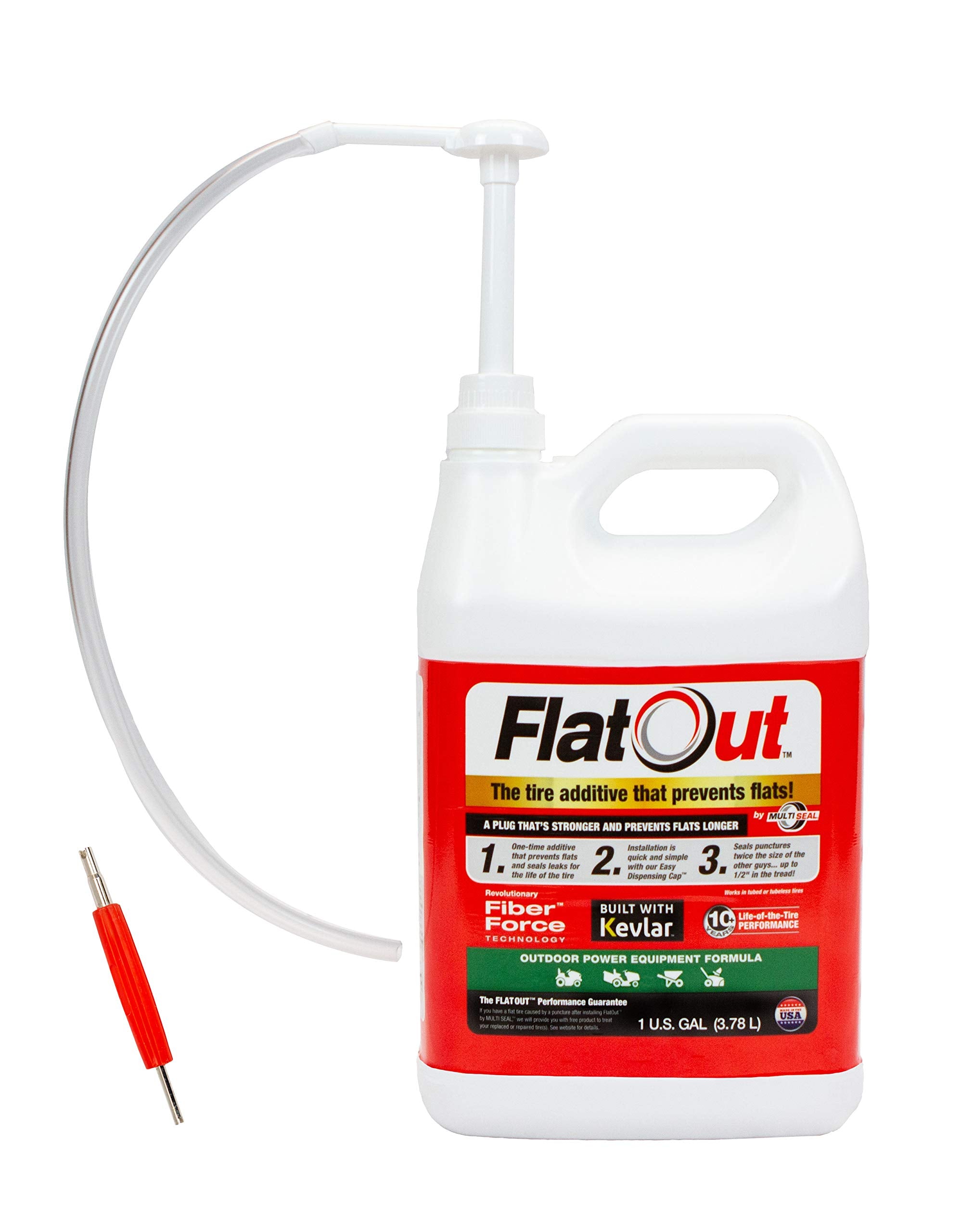 Flatout Off Road Tire Sealant, Outdoor Power Equipment Formula With Valve Core Tool, Prevents Flat Tires, Fix A Flat Tire, Seals Leaks, Contains Kevlar, 1 Gallon