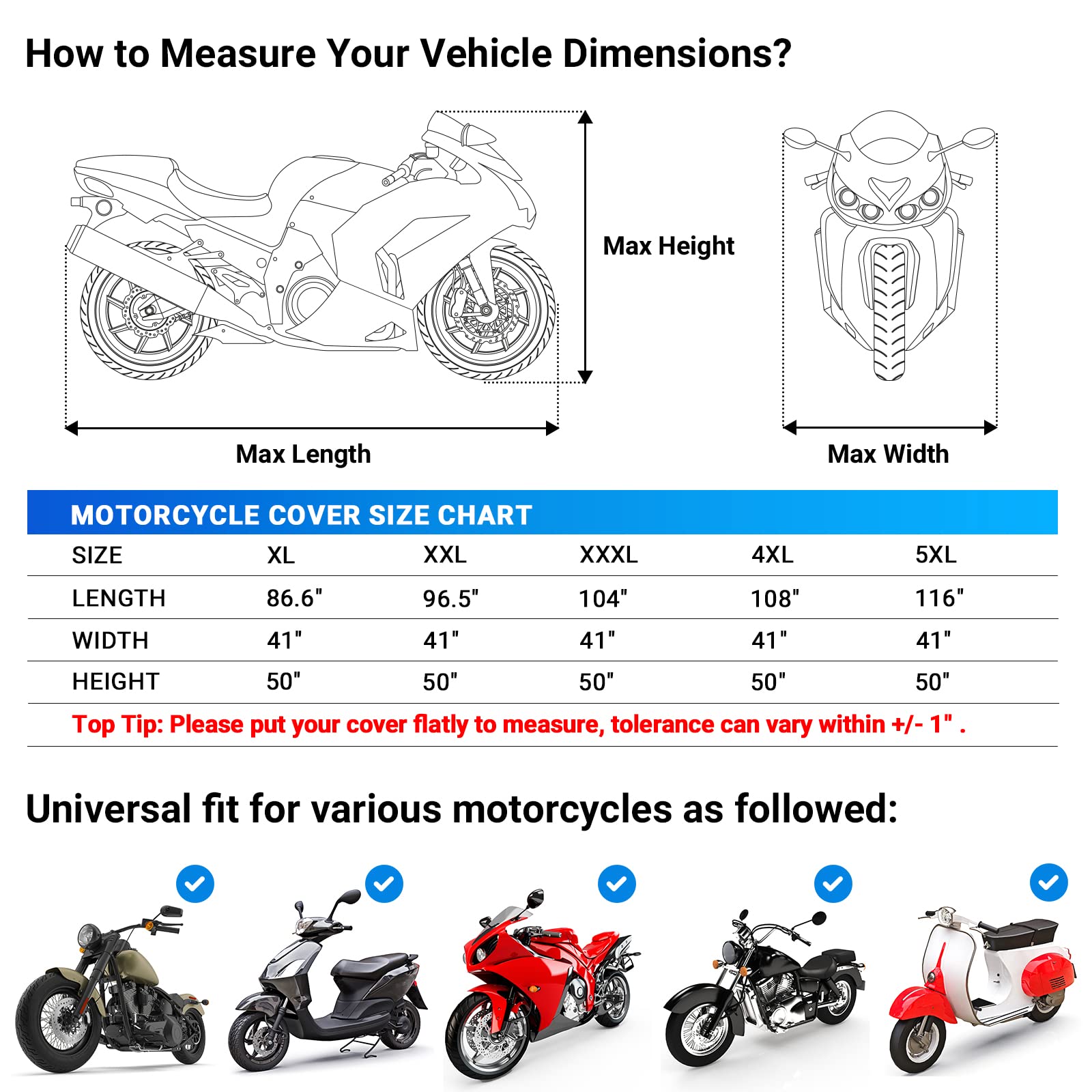 Favoto Motorcycle Cover 104 Inches Length All Season Universal Weather Waterproof Sun Outdoor Protection Durable Night Reflector With Lock-Holes & Storage Bag Motorbike Vehicle Cover, Red