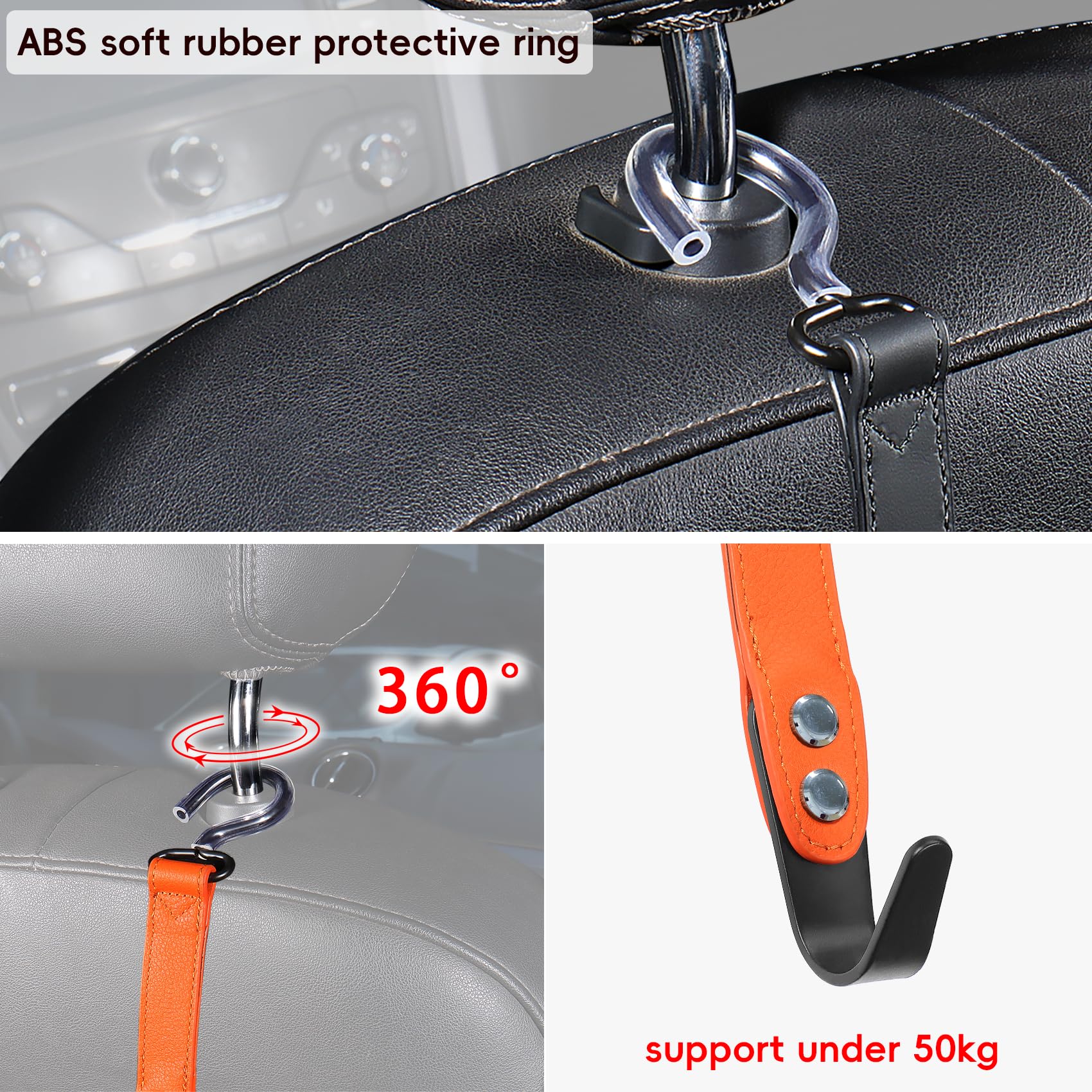 Compuda 2 Pack Car Hook Holder Leather Headrest Hooks For Purses And Bags,Sus304 Car Hook(Orange)