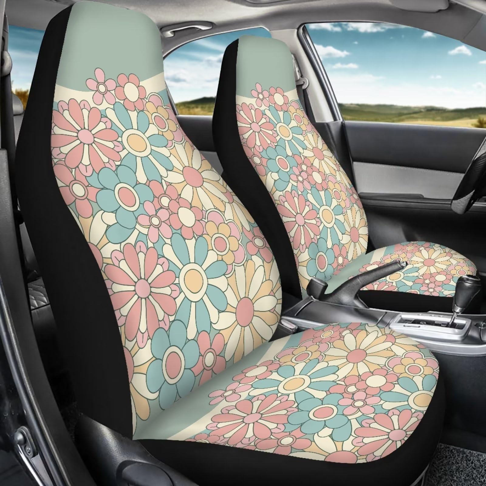 Fuibeng Abstract 70S Groovy Flower Auto Seat Cover Set For Women,Green Swirl Wavy Auto Front Seat Cushion Protective Accessories