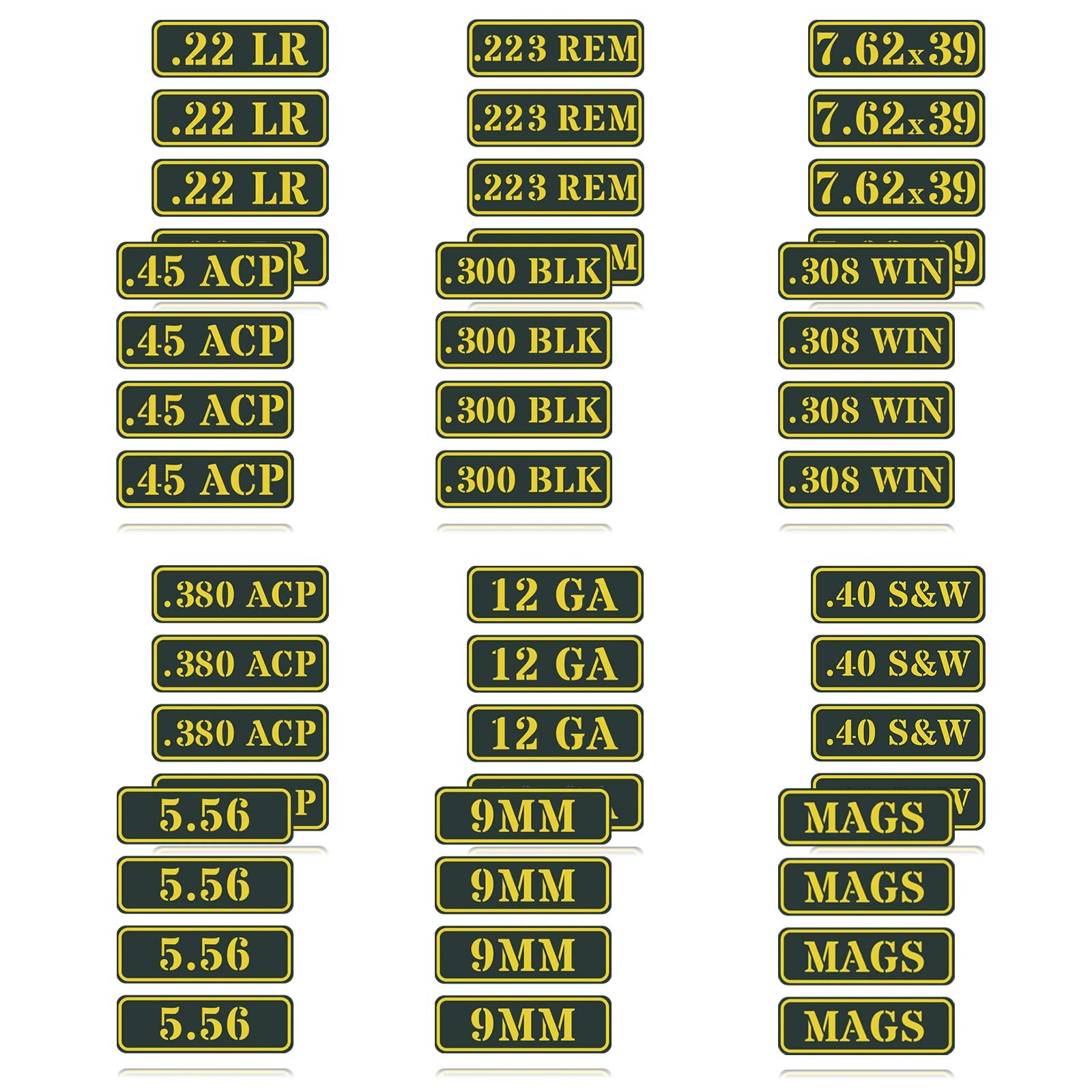 Aolamegs Ammo Can Vinyl Sticker Set Decal Label 9Mm 5.56 7.62 12Ga .22 .223 .308 .300 .380 .45 .40S&W Mags (48 Pack/12 Varieties)