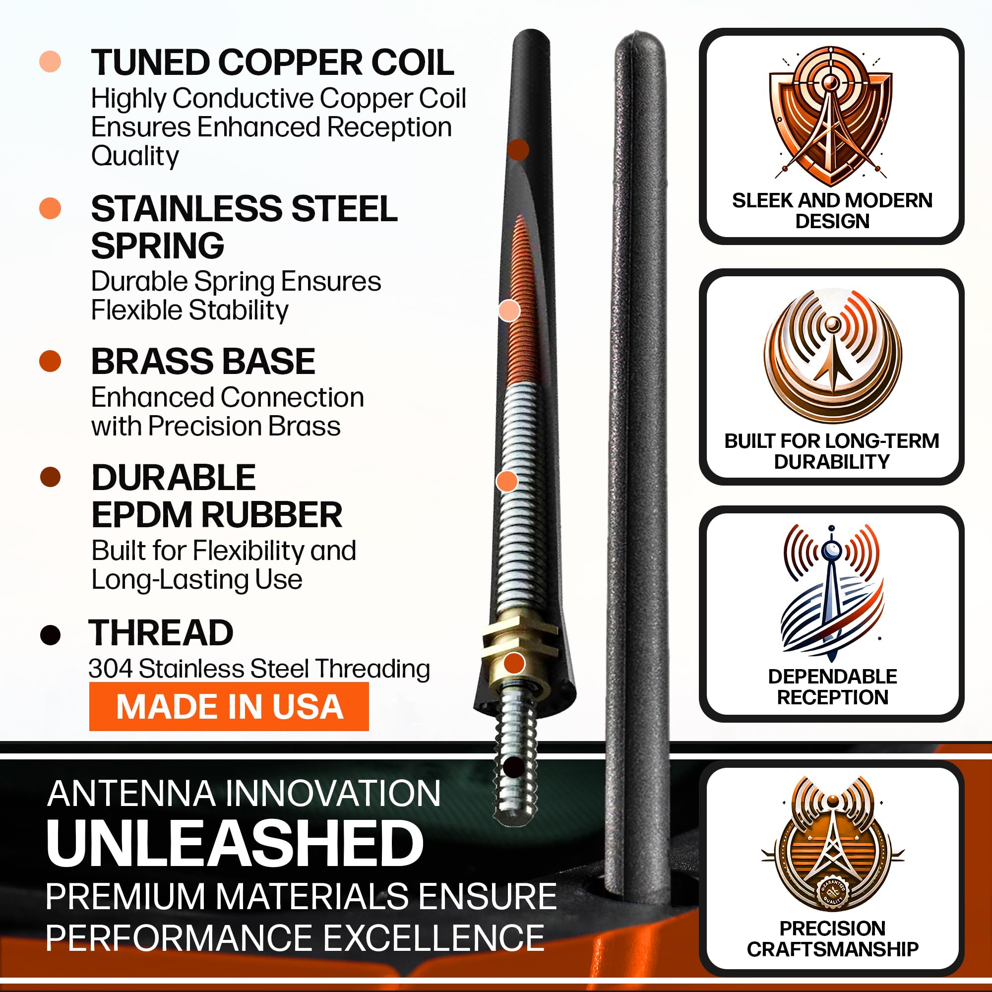 Antennamastsrus Short Antenna Replacement For Ford F-250 (2017-2025) Usa Stainless Steel Threading, Car Wash Proof, Enhanced Reception 6 3/4 Inch Rubber Truck Antenna With Internal Copper Coil