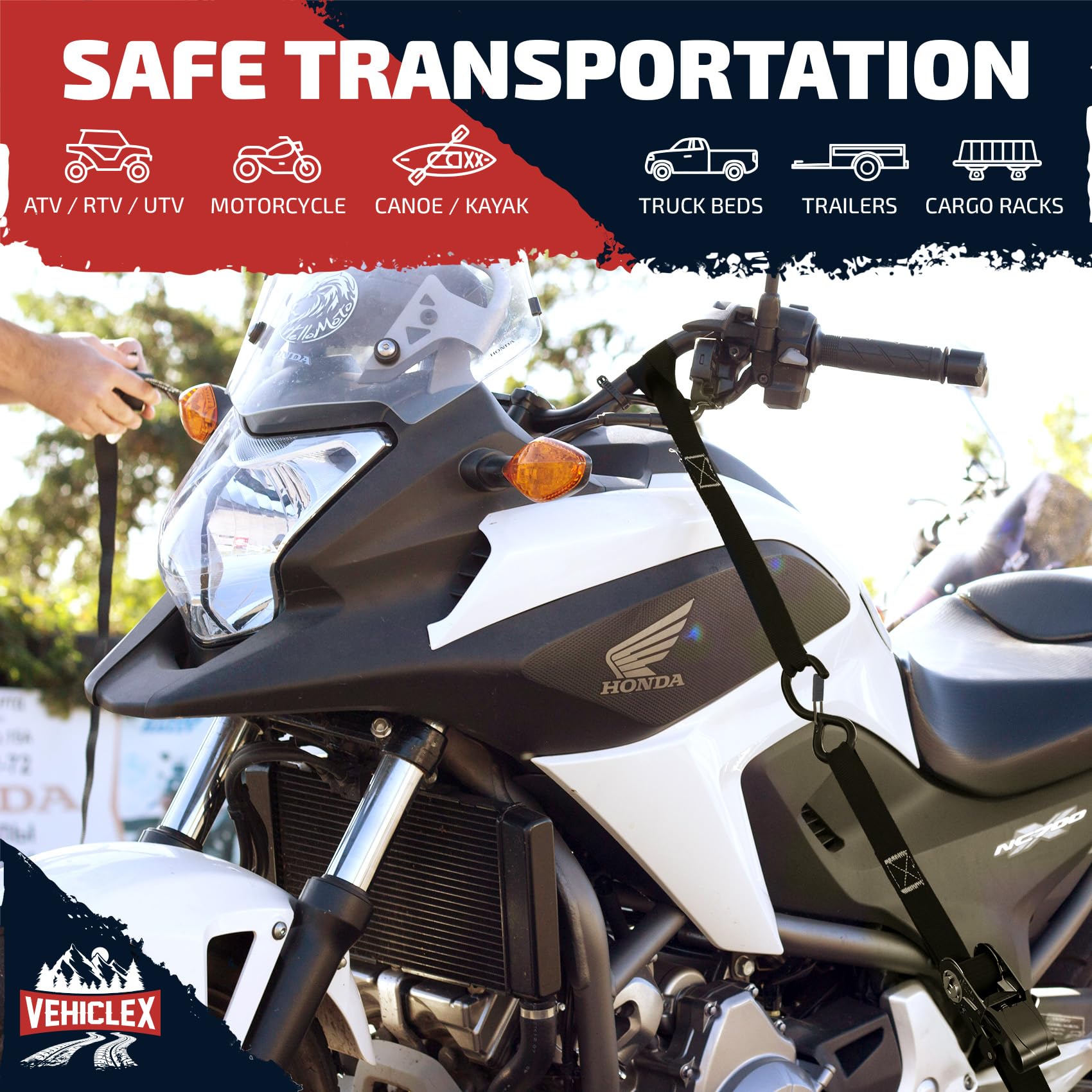 Vehiclex 4 Ratchet Straps Set (1'' x 15', 2200lbs Breaking Strength) - Soft Loops, Coated S-Hooks, Comfortable Handle, Storage B