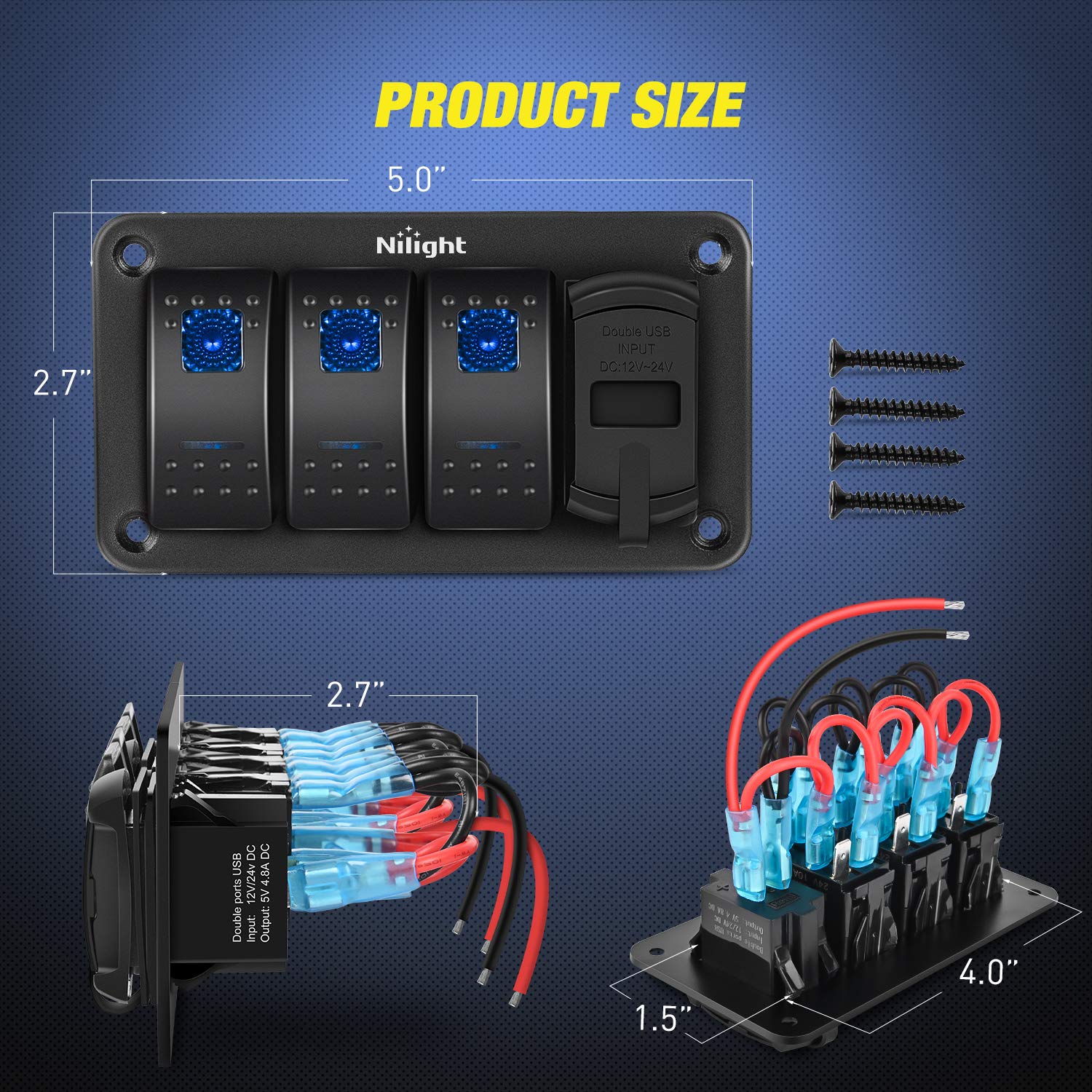 Nilight 3 Gang Rocker Switch Panel With 4.8 Amp Dual Usb Charger Voltmeter Waterproof 12V 24V Dc Rocker Switch With Night Glow S