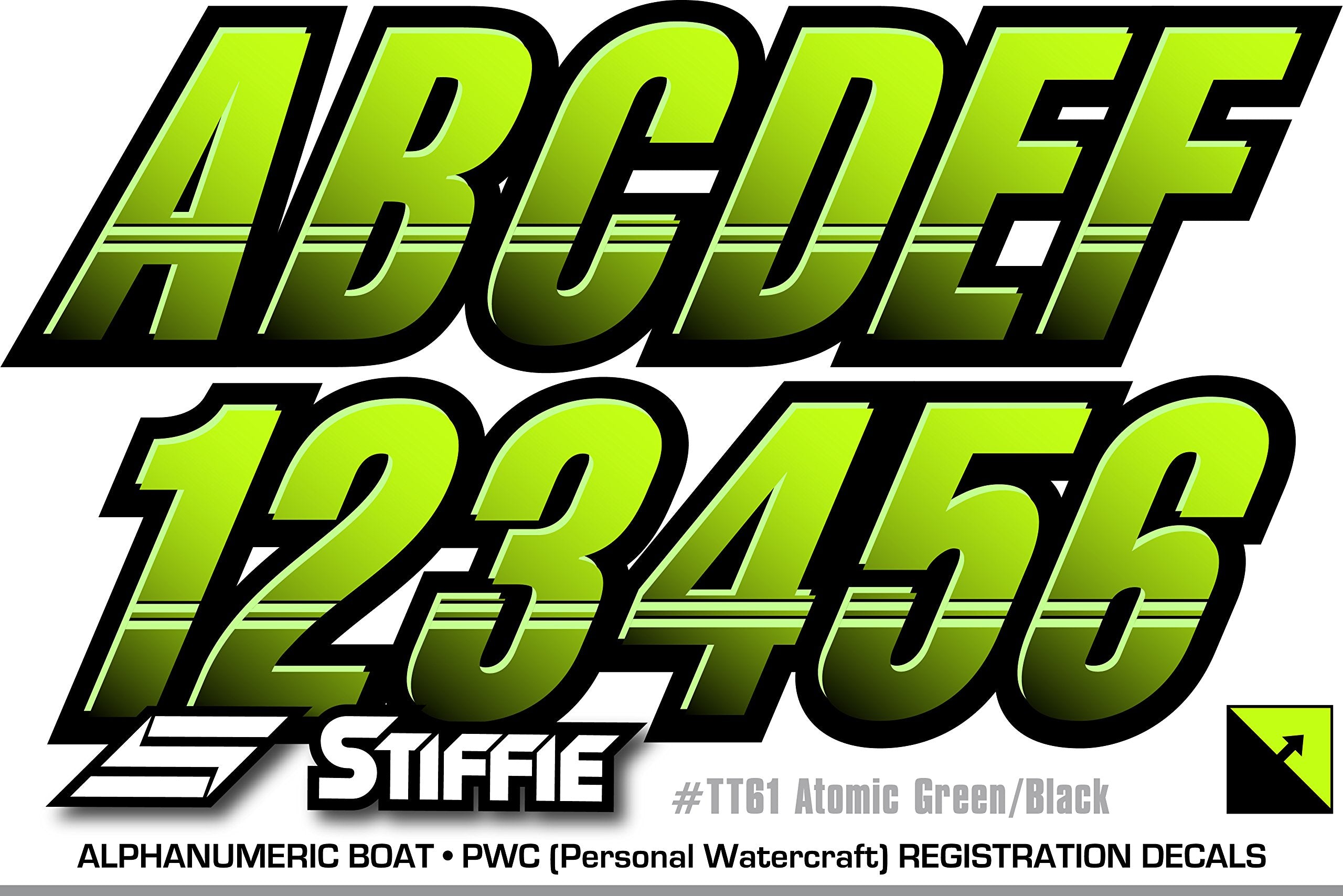 Stiffie Techtron Atomic Green/Black 3 '' Boat & Pwc Registration Decals  Numbers Letters Stickers