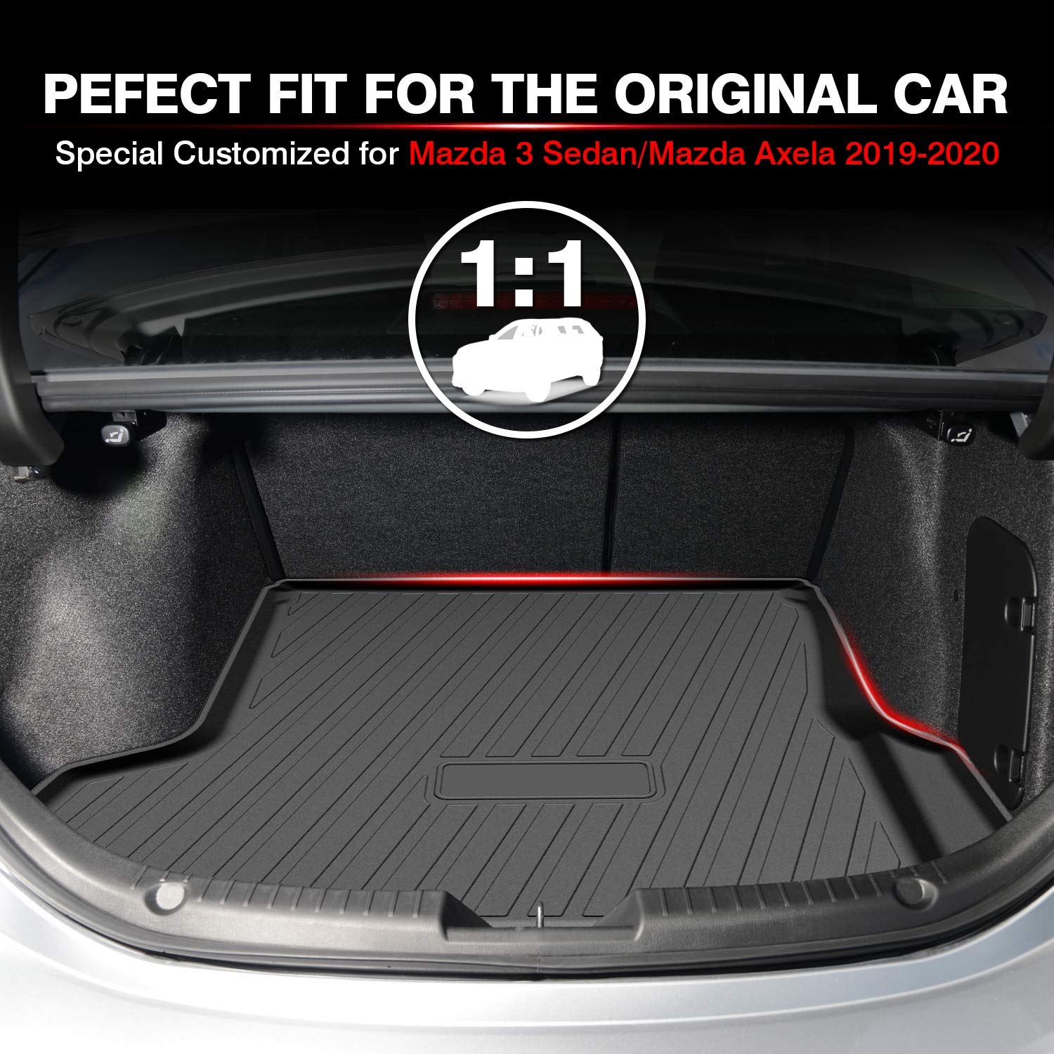 Powerty Trunk Mat For 2019-2024 2025 Mazda 3 Sedan Accessories All Weather Tpo Rear Cargo Liner(Not For Hatchback)