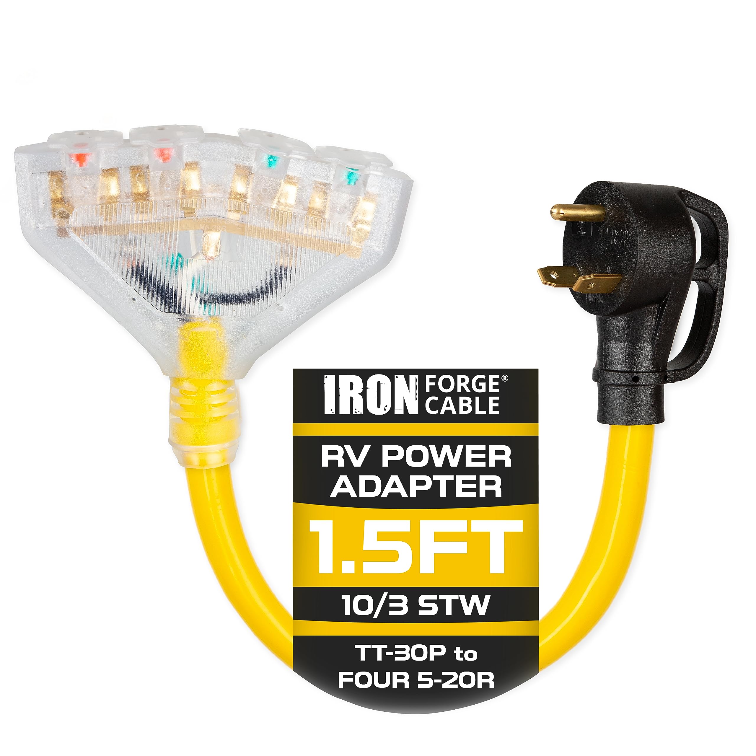 Iron Forge Cable 30 Amp To 20 Amp Rv Electrical Adapter Power Cord, 1.5 Ft - 10/3 Stw Tt-30P Male Plug To 4 5-20R Female Recepta