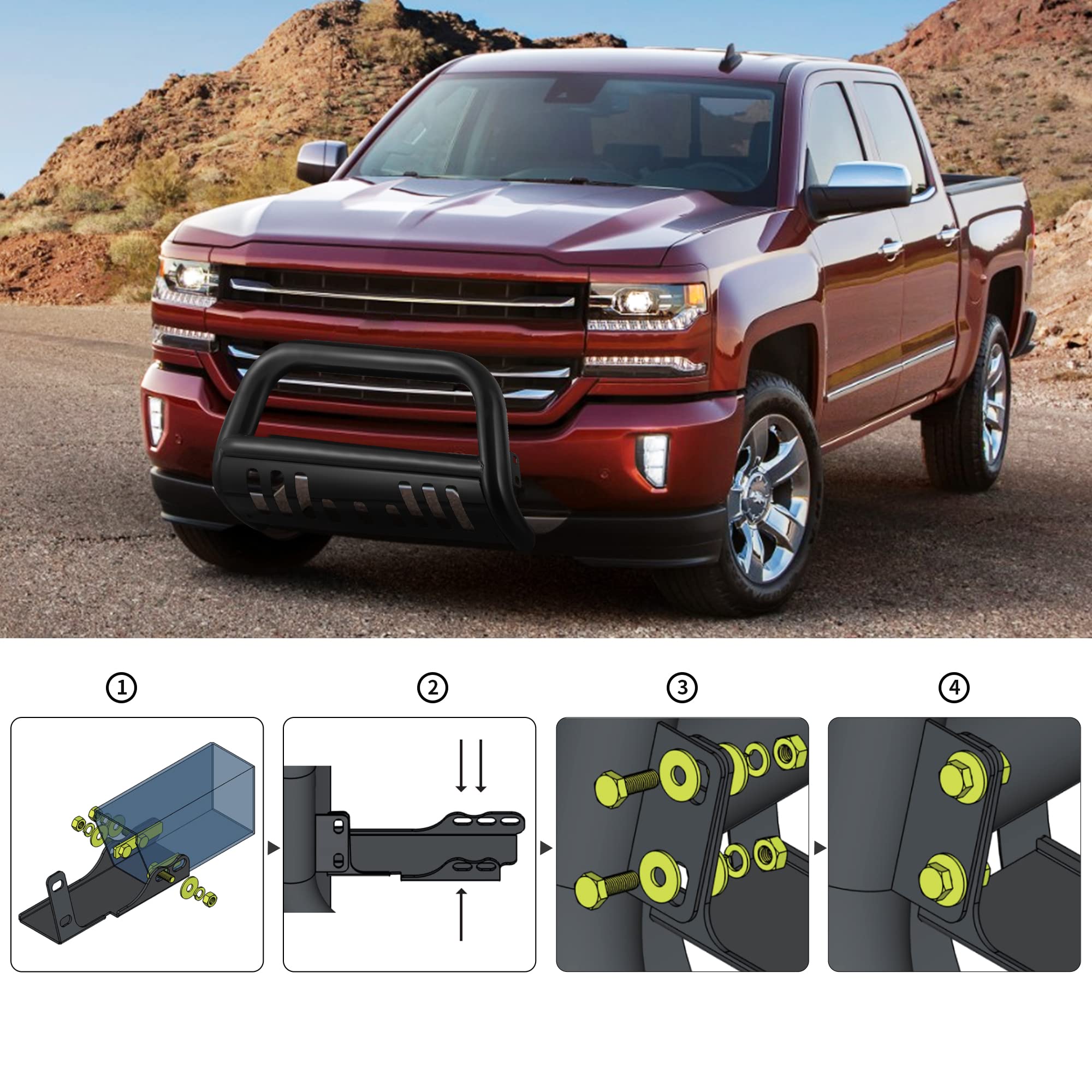 AUTOSAVER88 Bull Bar Compatible for 07-18 Chevy Silverado 1500/ GMC Sierra 1500/19 Chevy Silverado LD /07-20 Chevy Suburban/GMC Yukon 3' Grille Brush Push Guard w/Skid Plate Light Mounting Holes