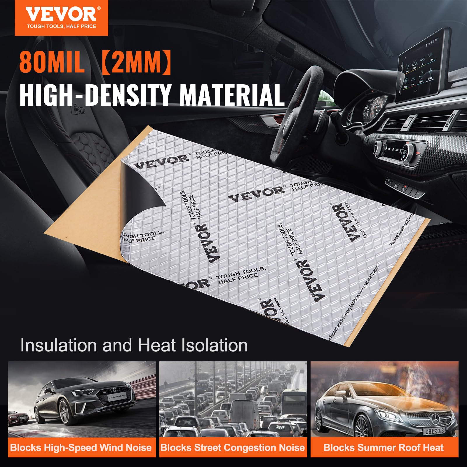 VEVOR 80 Mil Sound Deadening Mat, 36 sqft Butyl Automotive Noise Insulation & Vibration Dampening - Silver