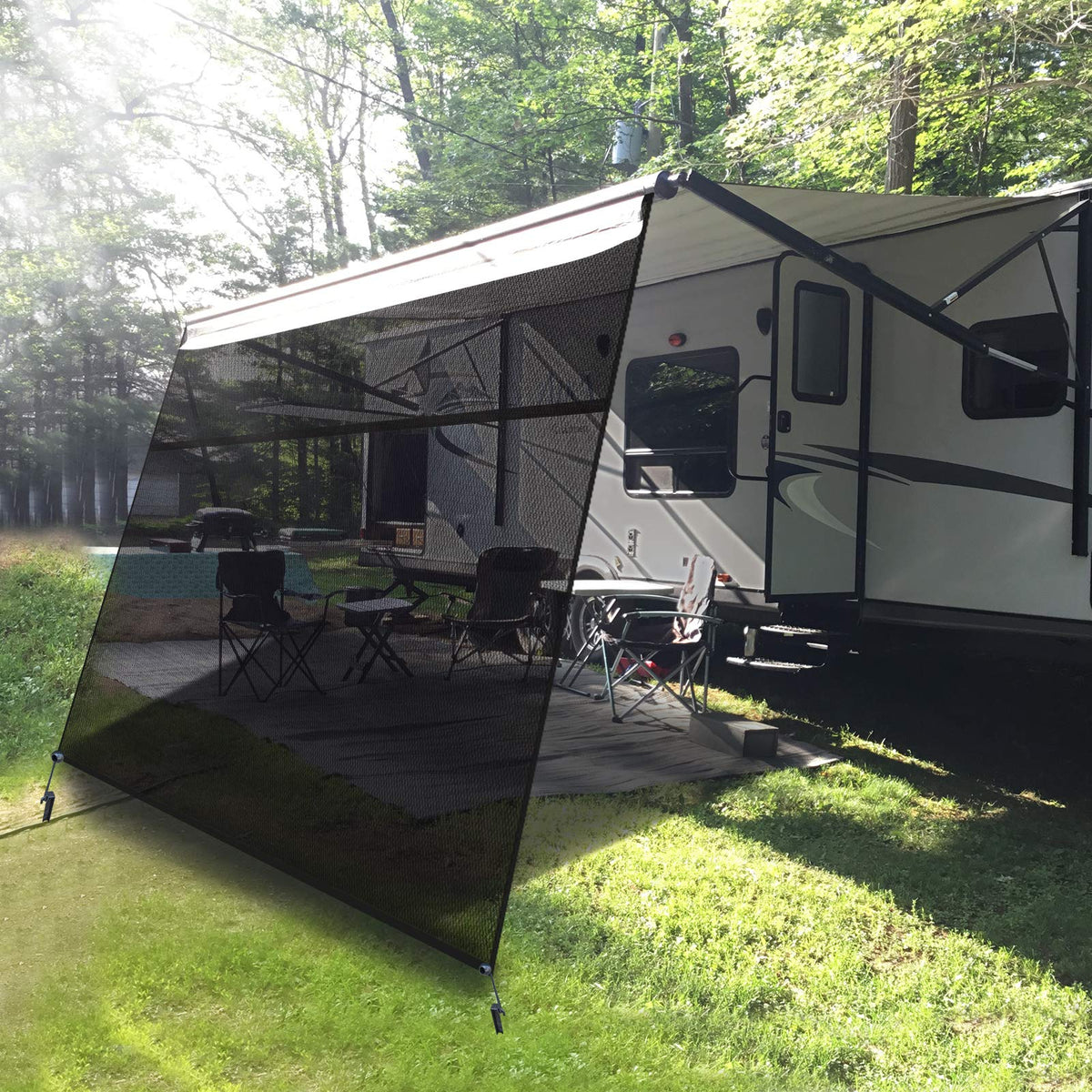 Excelfu Rv Awning Shade Screen With Zipper 19' X 9' - Black Mesh Uv Blocker Sun Shade Complete Kits For Motorhome Camper Travel 