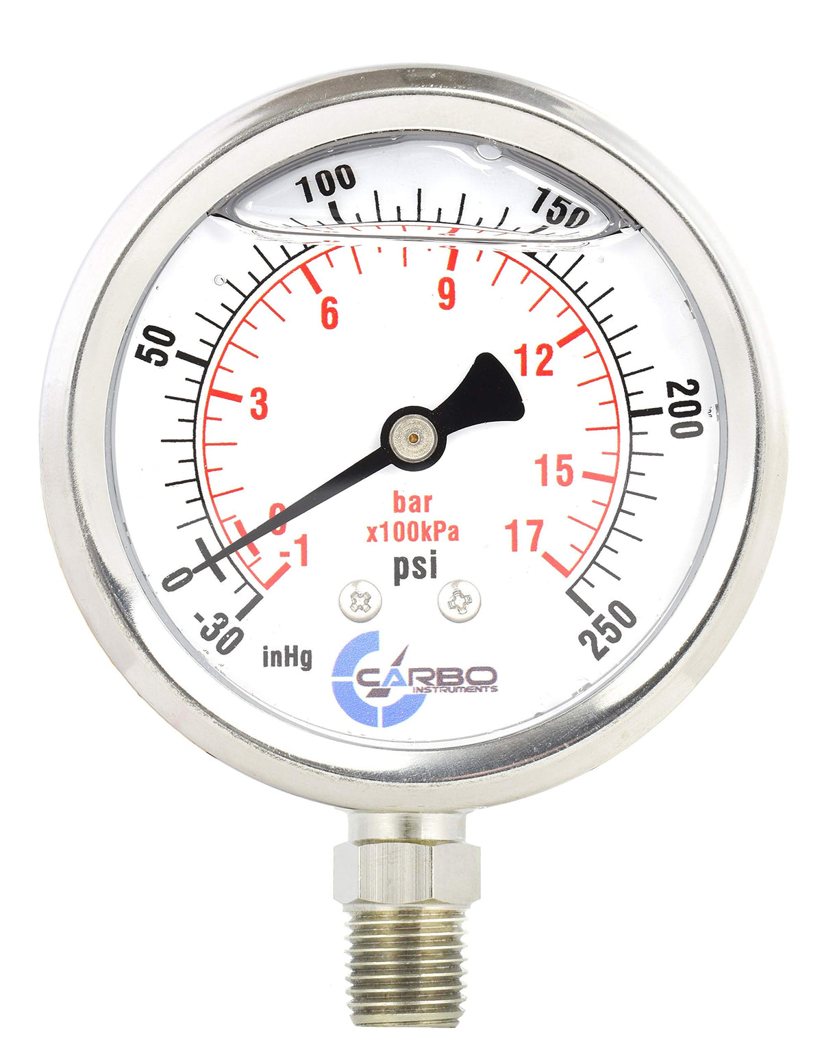 Carbo Instruments Stainless Steel Pressure Gauge Dual Display (-30 Hg - 0-250 Psikpa) - 2 1-2 Glycerine Liquid Filled Water Air