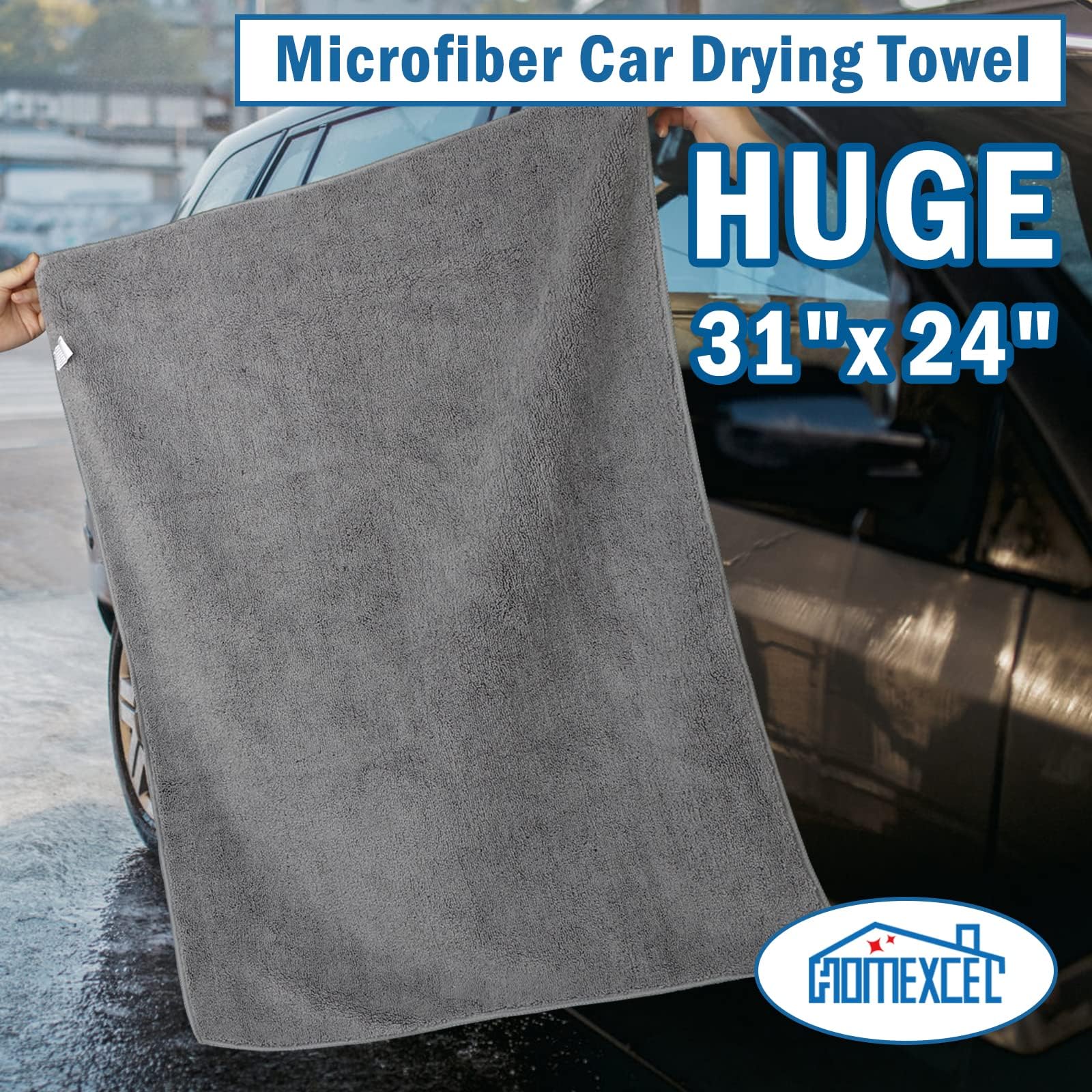 HOMEXCEL Microfiber Car Drying Towels 4 Pack, Lint Free, 31"x24", Grey, Highly Absorbent for Cars, SUVs, RVs, Trucks, and