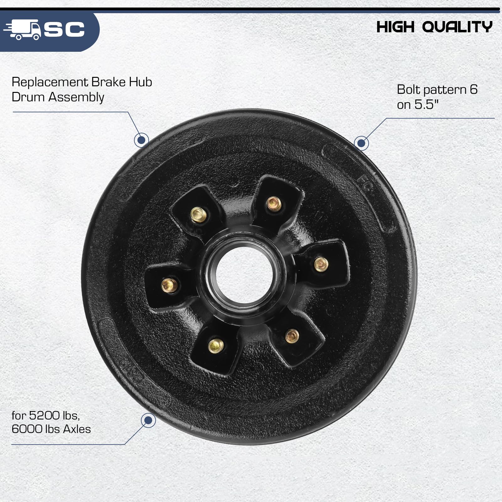 Trailer Brake Drum Kit, 6-Hole, 5.5'' Bolt Circle Brake Drum for 5200 lb, 6000 lb Axles, Replacement Brake Hub Drum Assembly for