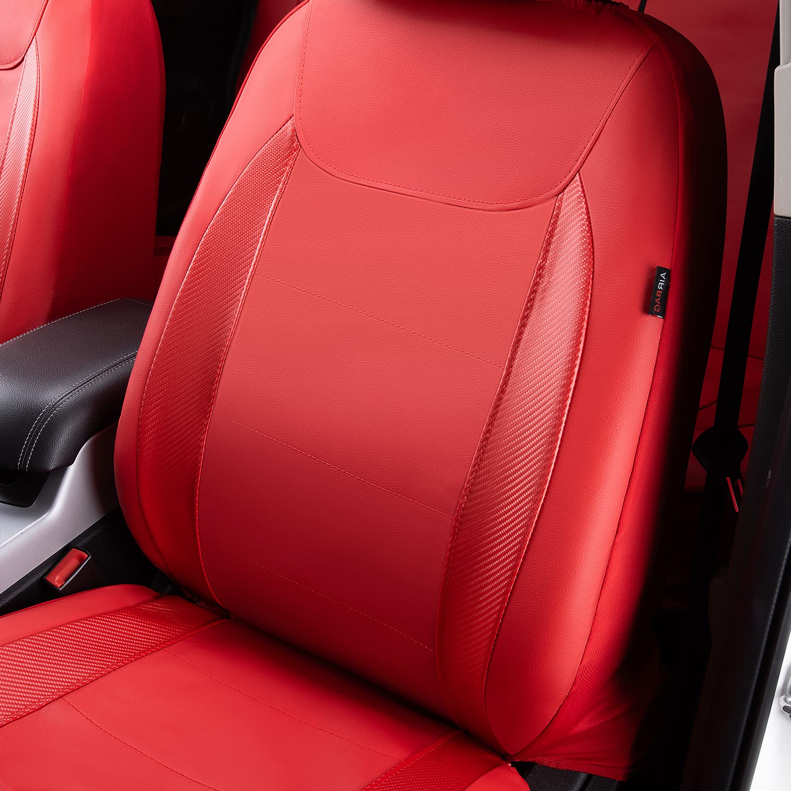 Flying Banner Car Seat Covers Protects Water Proof Faux Leather Carbon Fiber Fronts Rear Bench Covers (Red Red, Full Set - 8Pcs)