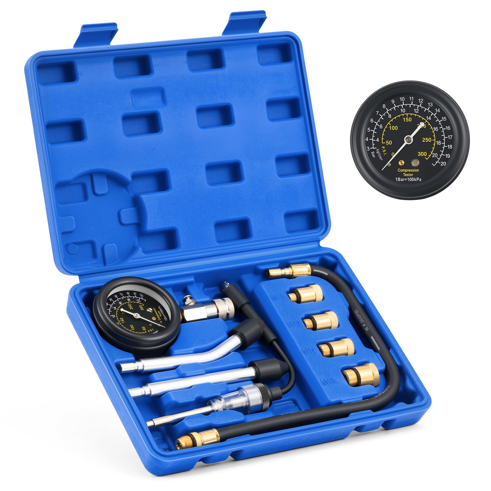 Orion Motor Tech Engine Compression Tester Kit, 9 pc Cylinder Compression Tester Kit with Spark Plug Tester 4 Adapters, Adjustab