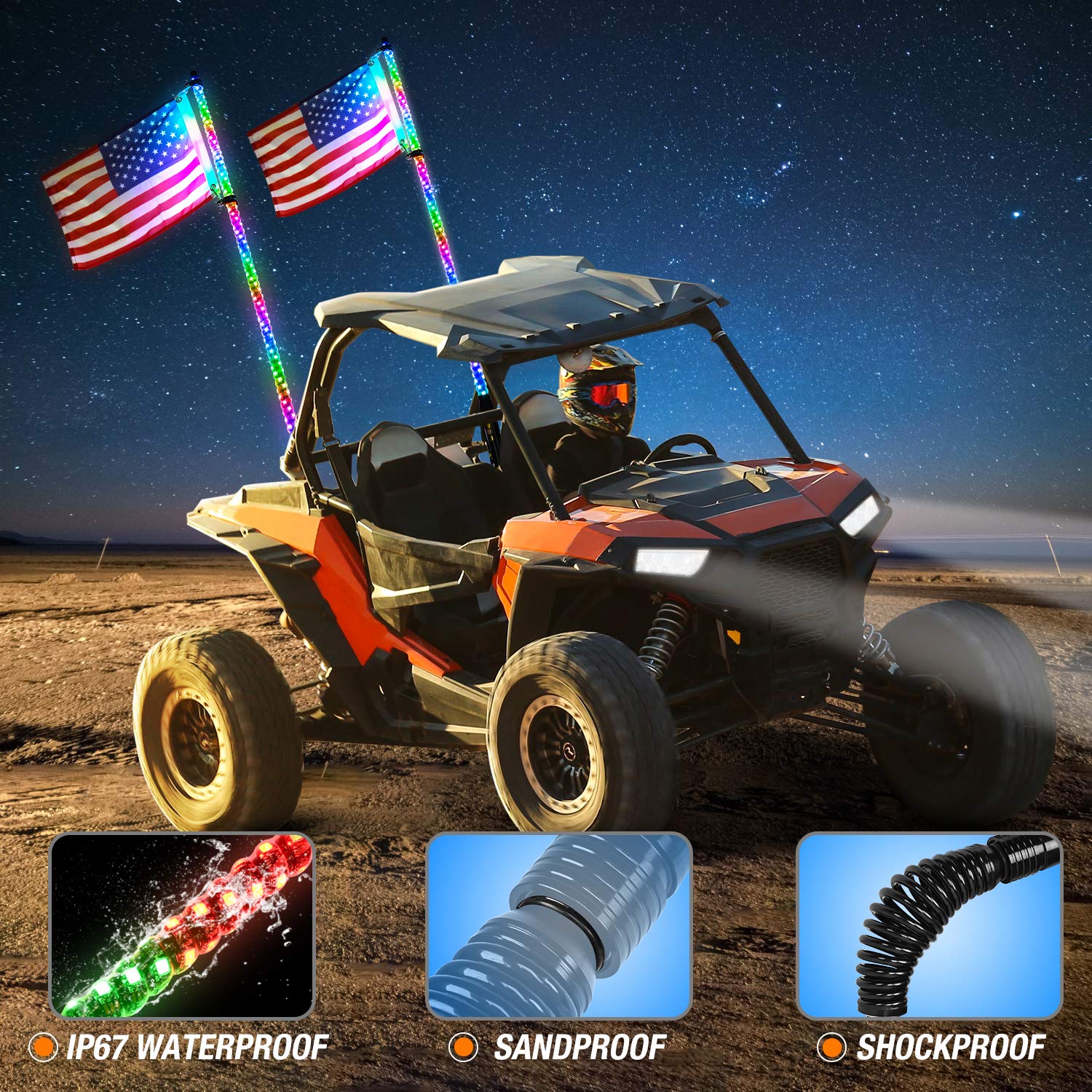 Nilight 2PCS 5FT Spiral RGB Led Whip Light with Spring Base Chasing Light RF Remote Control Lighted Antenna Whips for Can-Am ATV